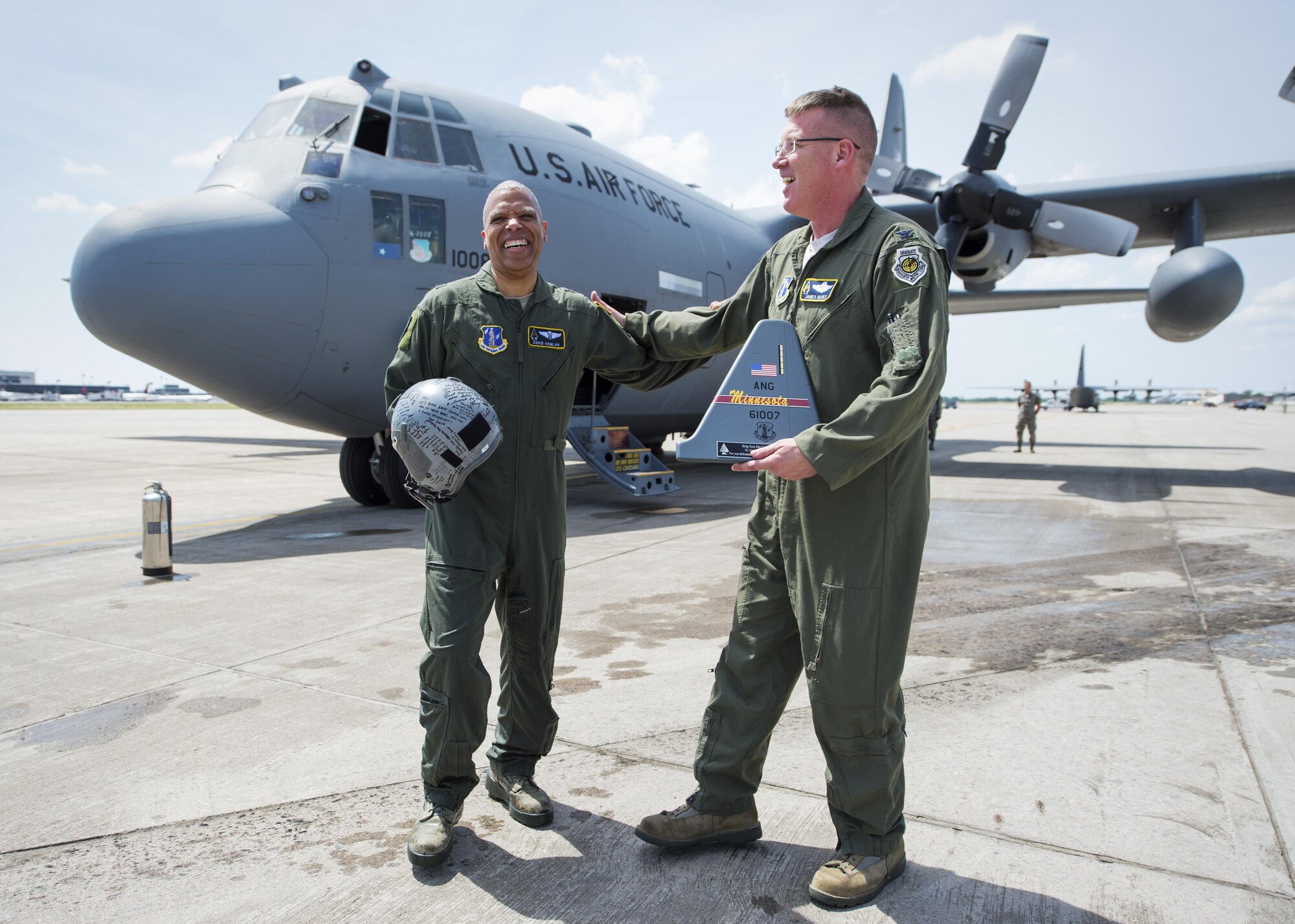 Minnesota Air National Guard's Assistant Adjutant General, Air, Brig. Gen. David Hamlar Jr. took his ceremonial final flight at the 133rd Airlift Wing in St. Paul, Minn., June 9, 2017. Hamlar received the traditional "all washed up" treatment upon touching the ground from awaiting crew, family and friends. (U.S. Air National Guard photo by Tech. Sgt. Austen R. Adriaens/Released)