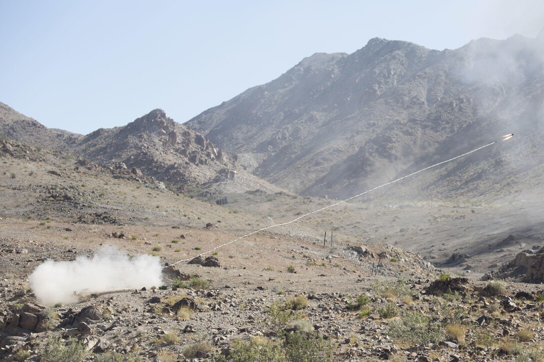 MARINE CORPS AIR GROUND COMBAT CENTER TWENTYNINE PALMS, California – Combat engineers attached to Charlie Company, 1st Battalion, 8th Marine Regiment, fire an Anti-Personnel Obstacle Breaching System during a reinforced company assault at Range 400 aboard Marine Corps Air Ground Combat Center, Twentynine Palms, California, May 12, 2017. The Marines conducted a company level assault reinforced by machine guns, vehicles, mortars and snipers as part of Integrated Training Exericse 3-17. ITX is a training evolution conducted five times a year to enhance the lethality and co-operability between the four elements of a Marine Air Ground Task Force. (U.S. Marine Corps photo by Cpl. Jesus Sepulveda Torres)