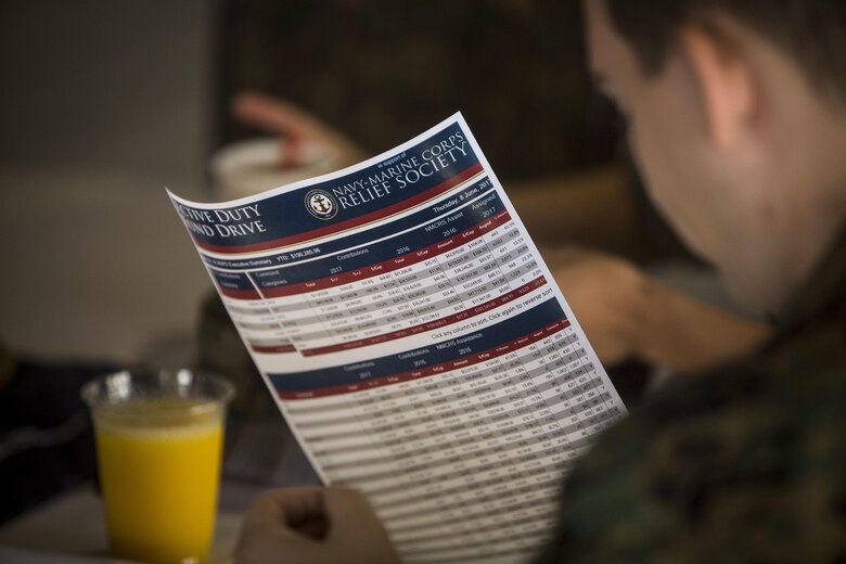A Sailor from 21st Dental Company looks at the amount of money donated during the Active Duty Fund Drive awards ceremony at the Officers’ Club ballroom aboard Marine Corps Base Hawaii on June 8, 2017. The Navy-Marine Corps Relief Society hosted this ceremony to recognize the units that donated over $190,000 to the Active Duty Fund Drive. (U.S. Marine Corps photo by Lance Cpl. Isabelo Tabanguil)