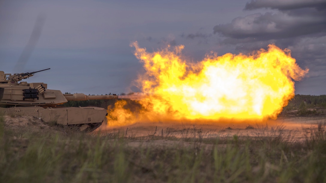 Marines fire an M1 Abrams tank at the Adazi Training Area in Latvia, June 4, 2017, during exercise Saber Strike 17. The Marines are assigned to Alpha Company, 4th Tank Battalion. Marine Corps photo by Cpl. Devan Barnett