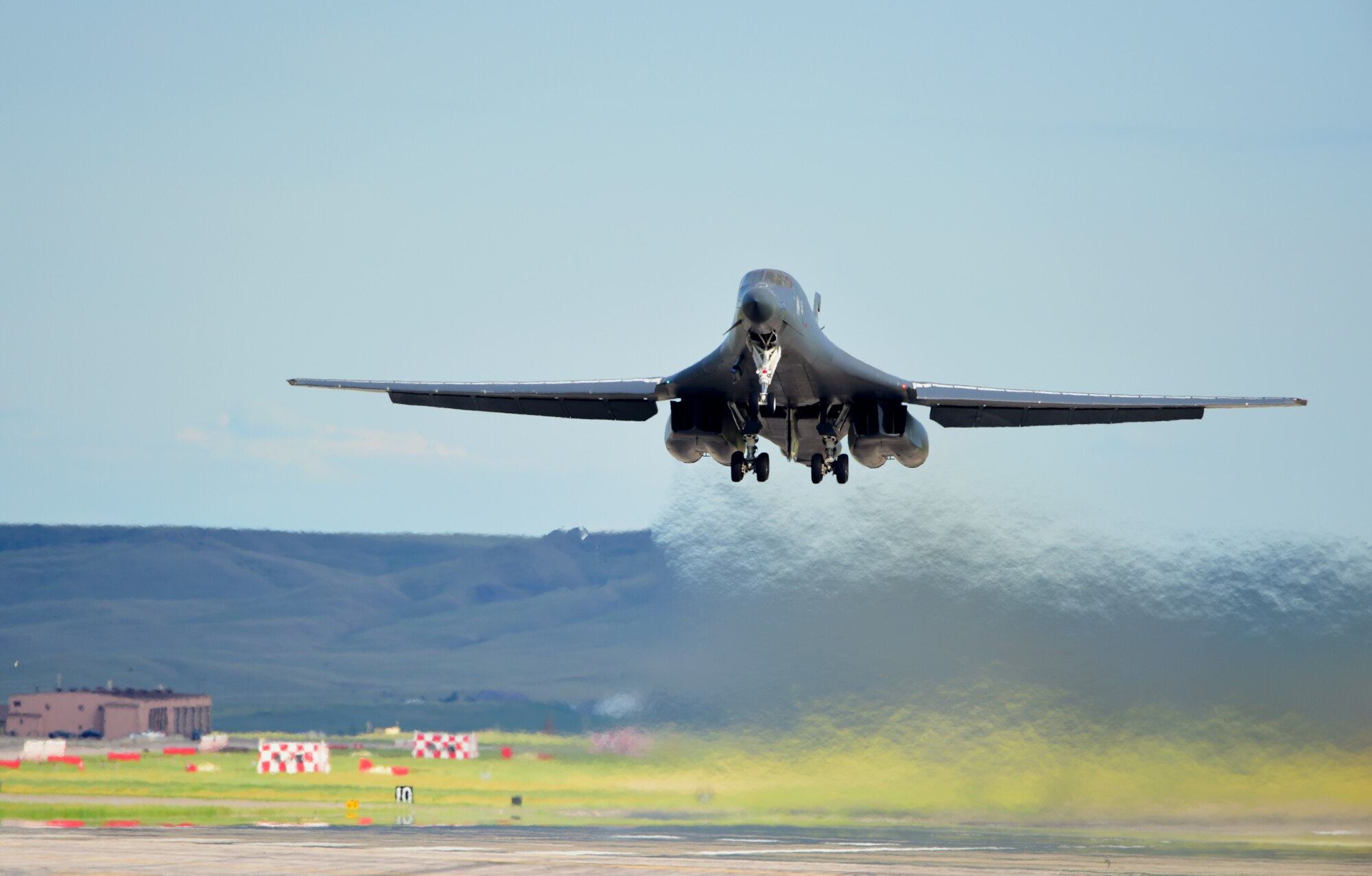 A B-1 bomber takes off from Ellsworth Air Force Base, S.D., to Royal Air Force Fairford, United Kingdom June 6, 2017. The B-1, along with three B-52H Stratofortresses from Barksdale Air Force Base, La., will be supporting a series of multiple joint, multinational exercises. (U.S. Air Force photo by Senior Airman James L. Miller)