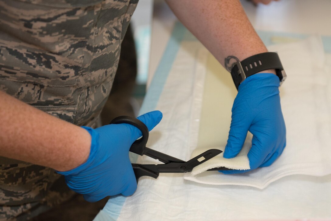 A U.S. Airman prepares a cast during a 36th Medical Group training day June 8, 2017, at Andersen Air Force Base, Guam. Airmen throughout the medical career-field may work in positions where they do not perform essential medical techniques regularly. Organized training days allow Airmen to stay proficient in readiness skills they may need for positions they may hold in the future. (U.S. Air Force photo by Airman 1st Class Jacob Skovo)