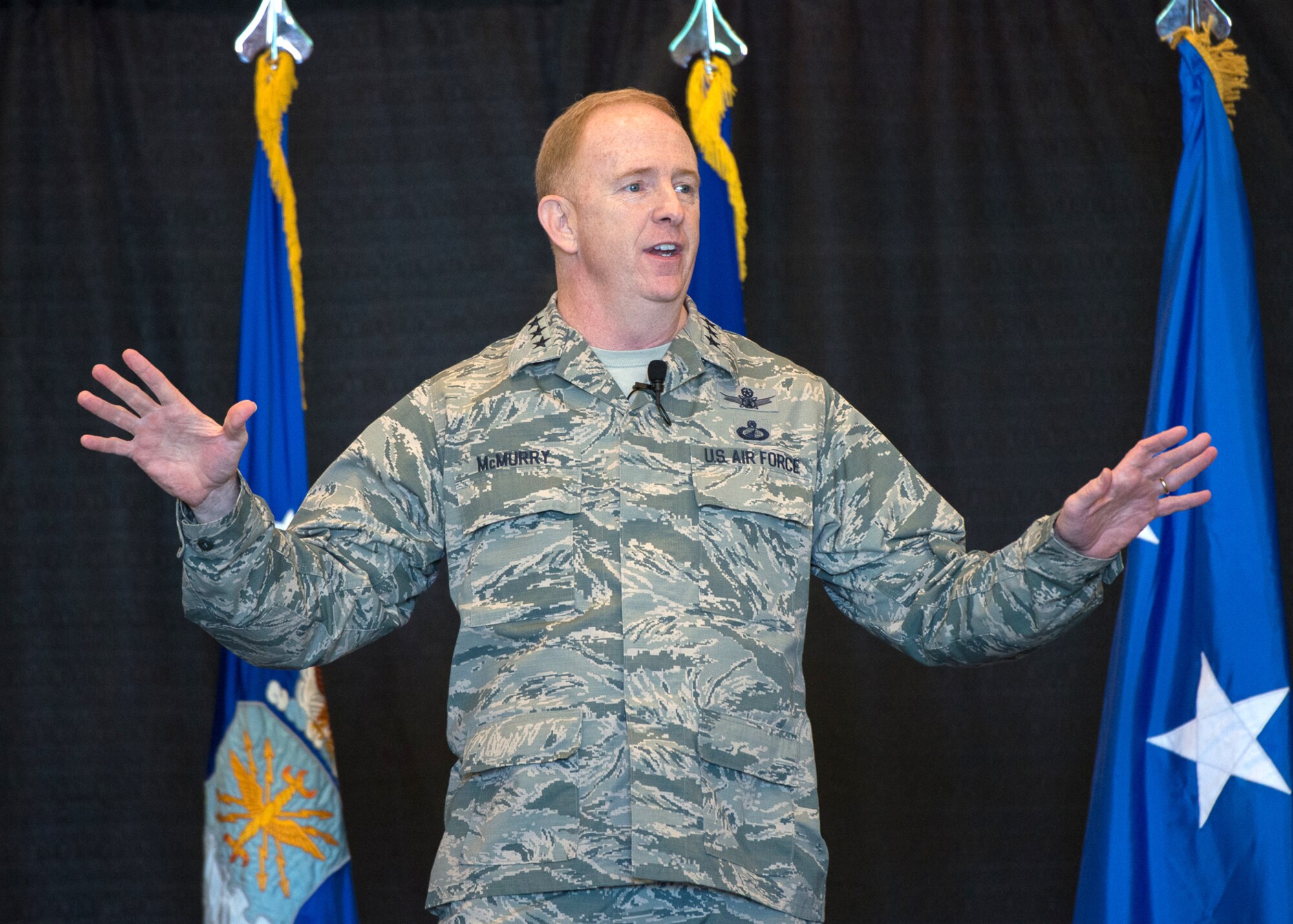 Lt. Gen. Robert D. McMurry, Air Force Life Cycle Management Center commander, speaks to members of the AFLCMC workforce during an all-call at Hanscom Air Force Base, Mass., June 8. This was the general’s first visit to the base since taking command last month, and during the all-call he highlighted his vision for the center, priorities and focus areas. (U.S. Air Force photo by Mark Herlihy)
