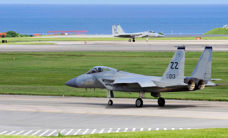 U.S. Air Force F-15 Eagles assigned to the 44th Fighter Squadron prepare to takeoff during a training sortie June 7, 2017, at Kadena Air Base, Japan. The 44th FS and 67th FS are the only U.S. Air Force F-15 units in the Asian-Western Pacific area of operations. (U.S. Air Force photo by Naoto Anazawa)