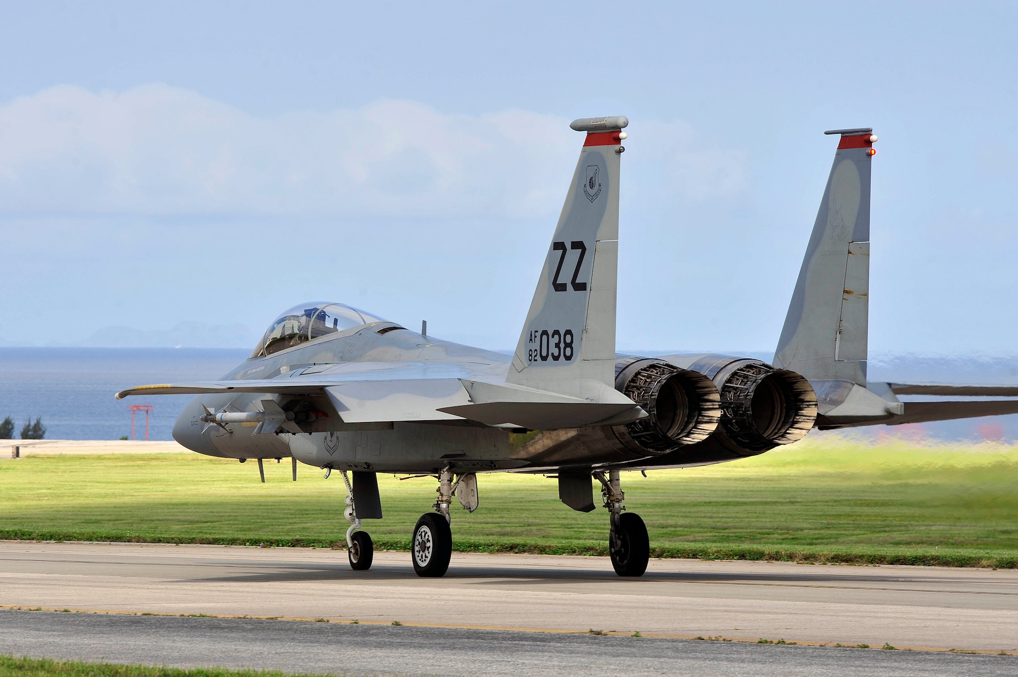 A U.S. Air Force F-15 Eagle assigned to the 67th Fighter Squadron taxis for takeoff during a training sortie June 7, 2017, at Kadena Air Base, Japan. The fighter squadrons are part of the tip of the spear with the F-15's unique role in support of Pacific Command operational plans and headquarters-directed contingency operations. (U.S. Air Force photo by Naoto Anazawa)
