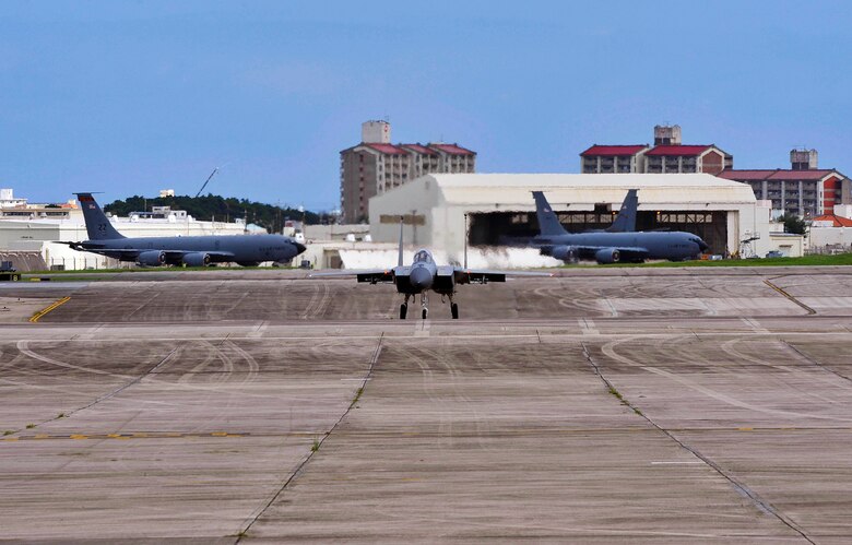 A U.S. Air Force F-15 Eagle assigned to the 44th Fighter Squadron taxis down the flightline during a training sortie June 7, 2017, at Kadena Air Base, Japan. The sortie allowed the unit to get ahead of the flying-hour program and gave them the ability to test their maximum production capacity. (U.S. Air Force photo by Naoto Anazawa)
