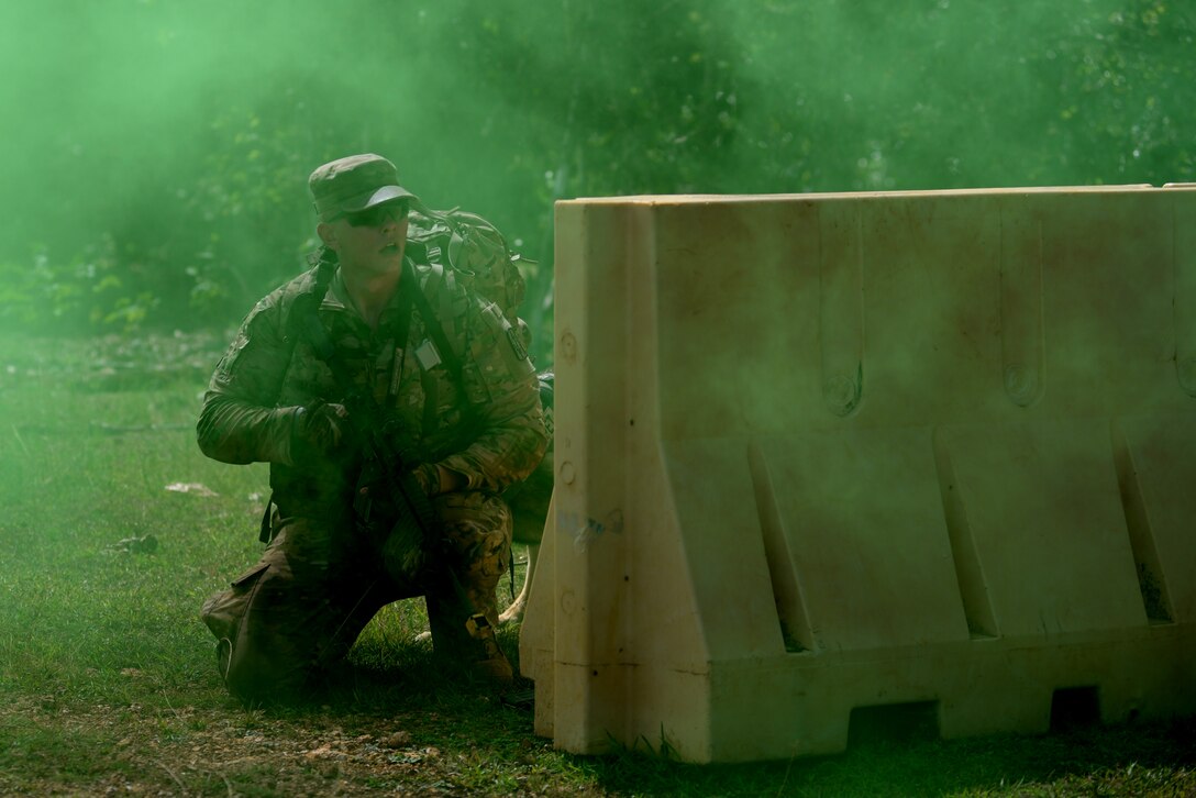 U.S. Army Pfc. Nicholas Marsh, 8th Military Police Brigade, Schofield Barracks, Hawaii, competes in the second annual Security Forces Advanced Combat Skills Assessment June 7, 2017 at Andersen Air Force Base, Guam. Over 100 Airmen and Soldiers throughout U.S. Pacific Command’s area of responsibility gathered to compete in five different categories: weapons, tactics, combat fitness, mental and physical challenge, and military working dog handling. (U.S. Air Force photo by Airman 1st Class Gerald R. Willis)
