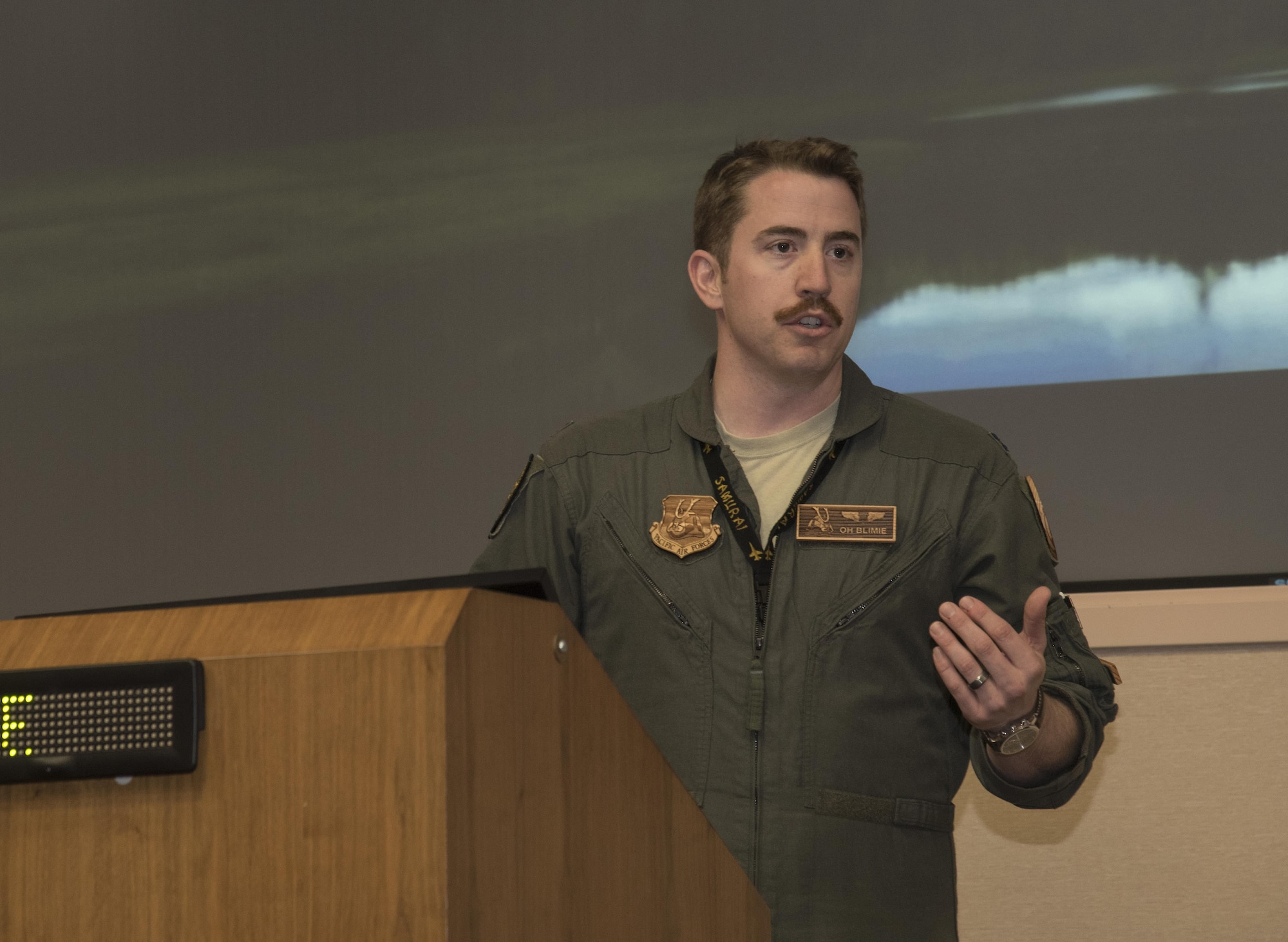 U.S. Air Force Capt. Brian Herring, the 14th Fighter Squadron bravo flight commander, briefs personnel about the 14th FS’s role during the large force exercise Red Flag-Alaska 17-2 at Eielson Air Force Base, Alaska, June 7, 2017. The 14th FS's sole mission is suppression of enemy air-defenses during battle. RF-A 17-2 develops a common operating picture using U.S. and partner nation airborne and land-based command and control assets, ultimately refining warfighter integration between participating militaries. (U.S. Air Force photo by Airman 1st Class Sadie Colbert)