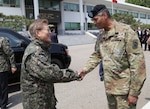 YONGSAN, Republic of Korea -- Commander of the Combined Forces Command Gen. Vincent K. Brooks greets newly elected Republic of Korea President Moon, Jae-in during his first official visit at U.S. Army Garrison Yongsan, Republic of Korea, June 13, 2017. The president’s visit underscores the continued support of the Korean people to our Alliance and lasting friendship between the two nations. (U.S. Army photo by Sgt. 1st Class Sean K. Harp)