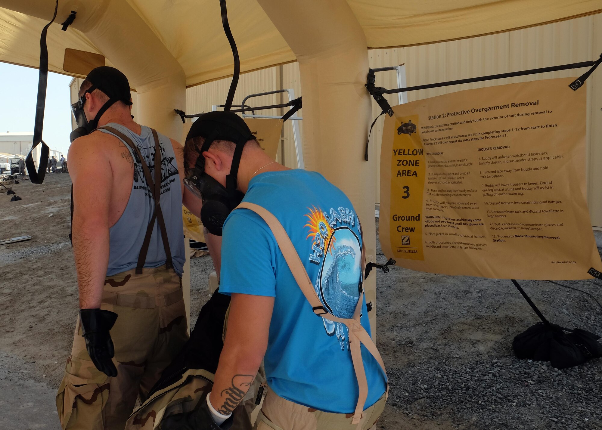 Airmen with the 380th Expeditionary Civil Engineer Squadron remove 'contaminated' personal protective equipment during Contamination Control Area training in a Lightweight Inflatable Decontamination System June 8, 2017, at an undisclosed location in southwest Asia. Airmen and Soldiers use a buddy system to ensure their skin doesn't come in contact with 'contaminated' equipment in the process. (U.S. Air Force photo by Senior Airman Preston Webb)