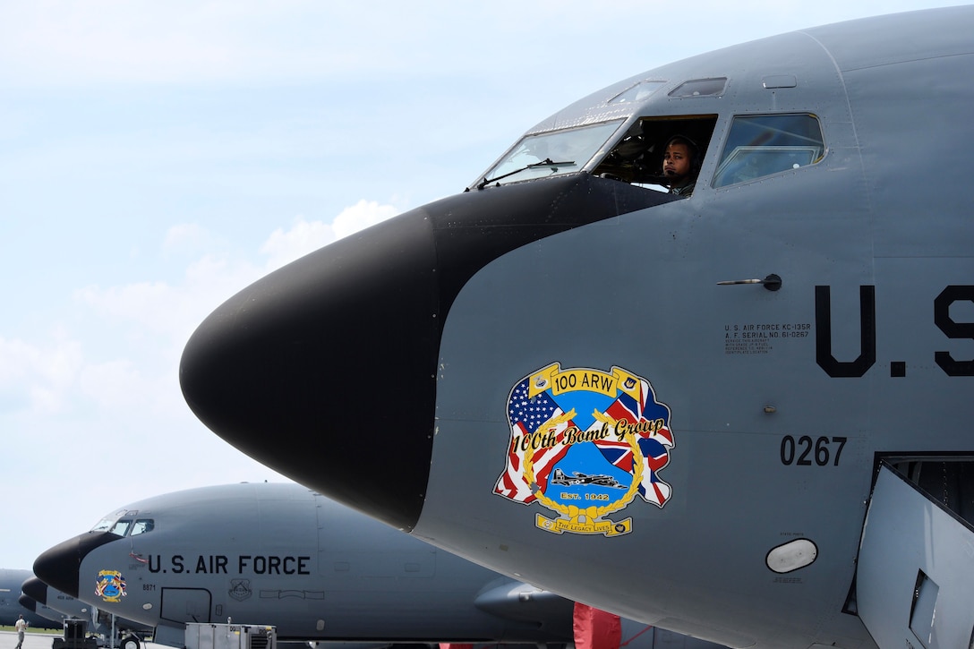 Air Force Capt. Nicholas McClendon performs a preflight check on a KC-135R Stratotanker before takeoff during Baltic Operations 2017 at Powidz Air Base, Poland, June 5, 2017. McClendon is a pilot assigned to the Air Refueling Squadron. The exercise is designed to enhance flexibility and interoperability, to strengthen combined response capabilities, as well as demonstrate resolve among allied and partner nations' forces to ensure stability in, and if necessary defend, the Baltic Sea region. Air Force photo by Staff Sgt. Jonathan Snyder