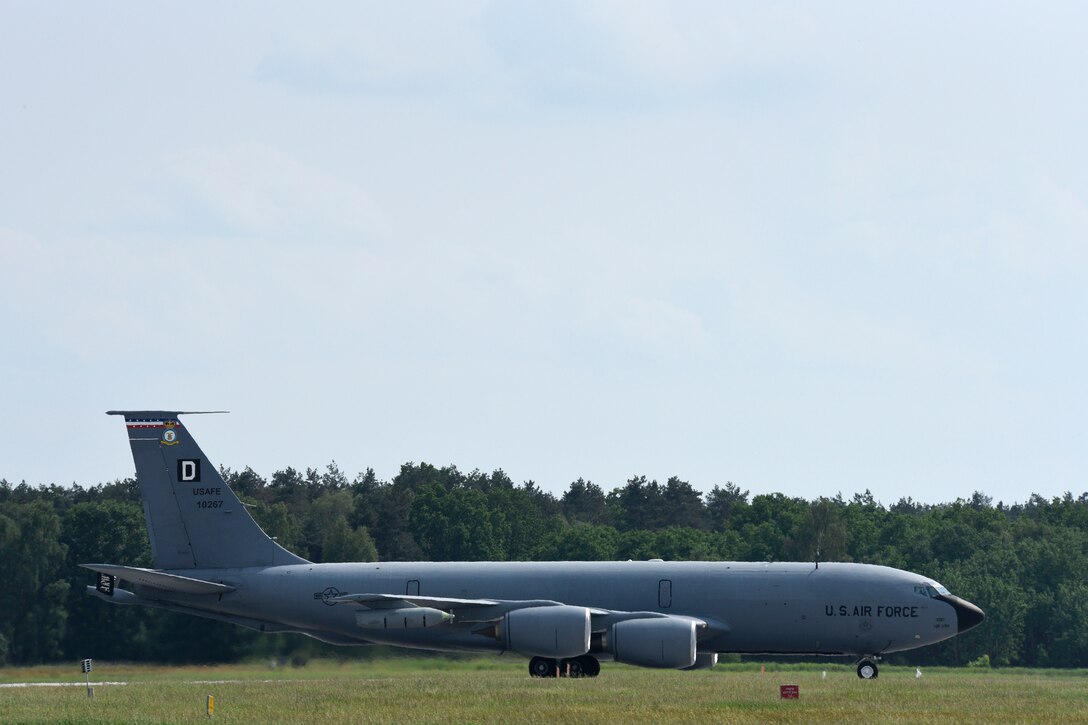 A KC-135R Stratotanker aircraft prepares to takeoff on a mission during Baltic Operations 2017 at Powidz Air Base, Poland, June 5, 2017. Air Force photo by Staff Sgt. Jonathan Snyder