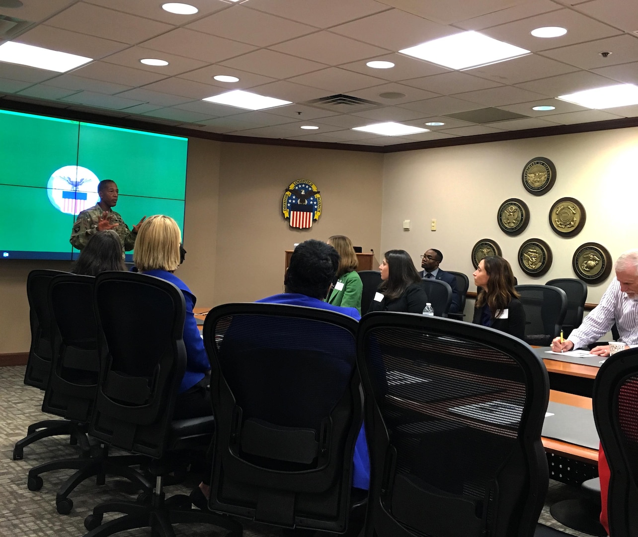 Army Brig. Gen. Charles Hamilton, DLA Troop Support commander, (left) addresses a group of attorneys who serve as career counselors for Philadelphia area law schools June 5, 2017. DLA Troop Support attorneys provided an overview of the organization’s global warfighter support mission, legal areas of practice and attorney benefits to representatives from Villanova, Drexel, Temple, Widener and Rutgers universities. 