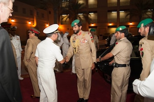 Vice Adm. Kevin M. Donegan, commander of U.S. 5th Fleet shakes hand with His Highness Brig. Gen. Shaikh Nasser bin Hamad Al Khalifa, Commander of the Royal Guard of the Kingdom of Bahrain following a meeting he attended with His Majesty, King Hamad bin Isa Al Khalifa, the King of the Kingdom of Bahrain to discuss operations in the U.S. 5th Fleet and coalition operations to defeat ISIS. The King was accompanied by two of his sons, His Highness Brig. Gen. Shaikh Nasser bin Hamad Al Khalifa, Commander of the Royal Guard, and His Highness Maj. Shaikh Khaled bin Hamad Al Khalifa, Commander of the Royal Guard Special Force; the Commander-in-Chief of the Bahrain Defense Force, His Excellency Field Marshal Shaikh Khalifa bin Ahmed Al Khalifa; and the Commander of the Bahraini Royal Navy, His Excellency Rear Adm. Shaikh Khalifa bin Abdullah Al Khalifa. Bahrain has been a partner with the United States in regional maritime security for nearly 70 years. 