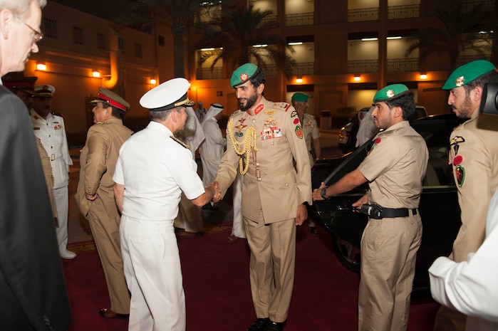 Vice Adm. Kevin M. Donegan, commander of U.S. 5th Fleet shakes hand with His Highness Brig. Gen. Shaikh Nasser bin Hamad Al Khalifa, Commander of the Royal Guard of the Kingdom of Bahrain following a meeting he attended with His Majesty, King Hamad bin Isa Al Khalifa, the King of the Kingdom of Bahrain to discuss operations in the U.S. 5th Fleet and coalition operations to defeat ISIS. The King was accompanied by two of his sons, His Highness Brig. Gen. Shaikh Nasser bin Hamad Al Khalifa, Commander of the Royal Guard, and His Highness Maj. Shaikh Khaled bin Hamad Al Khalifa, Commander of the Royal Guard Special Force; the Commander-in-Chief of the Bahrain Defense Force, His Excellency Field Marshal Shaikh Khalifa bin Ahmed Al Khalifa; and the Commander of the Bahraini Royal Navy, His Excellency Rear Adm. Shaikh Khalifa bin Abdullah Al Khalifa. Bahrain has been a partner with the United States in regional maritime security for nearly 70 years. 