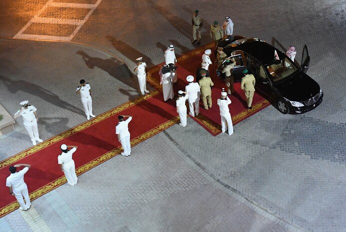 His Majesty, King Hamad bin Isa Al Khalifa, the King of the Kingdom of Bahrain, is greeted by Vice Adm. Kevin M. Donegan, commander of U.S. 5th Fleet, to discuss operations in the U.S. 5th Fleet area of operations and coalition operations to defeat ISIS. The King was accompanied by two of his sons, His Highness Brig. Gen. Shaikh Nasser bin Hamad Al Khalifa, Commander of the Royal Guard, and His Highness Maj. Shaikh Khaled bin Hamad Al Khalifa, Commander of the Royal Guard Special Force; the Commander-in-Chief of the Bahrain Defense Force, His Excellency Field Marshal Shaikh Khalifa bin Ahmed Al Khalifa; and the Commander of the Bahraini Royal Navy, His Excellency Rear Adm. Shaikh Khalifa bin Abdullah Al Khalifa. Bahrain has been a partner with the United States in regional maritime security for nearly 70 years.  