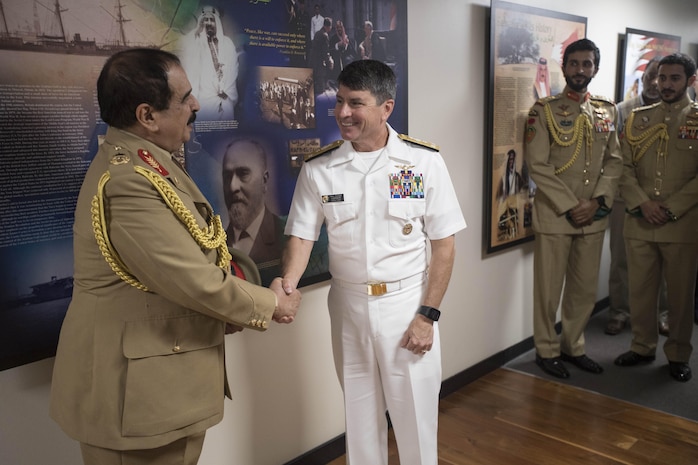 His Majesty, King Hamad bin Isa Al Khalifa, the King of the Kingdom of Bahrain, shakes hands with Vice Adm. Kevin M. Donegan, commander of U.S. 5th Fleet during a visit to discuss operations in the U.S. 5th Fleet area of operations and coalition operations to defeat ISIS, June 12. The King was accompanied by two of his sons, His Highness Brig. Gen. Shaikh Nasser bin Hamad Al Khalifa, Commander of the Royal Guard, and His Highness Maj. Shaikh Khaled bin Hamad Al Khalifa, Commander of the Royal Guard Special Force; the Commander-in-Chief of the Bahrain Defense Force, His Excellency Field Marshal Shaikh Khalifa bin Ahmed Al Khalifa; and the Commander of the Bahraini Royal Navy, His Excellency Rear Adm. Shaikh Khalifa bin Abdullah Al Khalifa. Bahrain has been a partner with the United States in regional maritime security for nearly 70 years. 