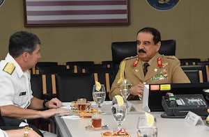 His Majesty, King Hamad bin Isa Al Khalifa, the King of the Kingdom of Bahrain, speaks with Vice Adm. Kevin M. Donegan Commander, U.S. 5th Fleet, to discuss operations in the U.S. 5th Fleet area of operations and coalition operations to defeat ISIS, June 12. The King was accompanied by two of his sons, His Highness Brig. Gen. Shaikh Nasser bin Hamad Al Khalifa, Commander of the Royal Guard, and His Highness Maj. Shaikh Khaled bin Hamad Al Khalifa, Commander of the Royal Guard Special Force; the Commander-in-Chief of the Bahrain Defense Force, His Excellency Field Marshal Shaikh Khalifa bin Ahmed Al Khalifa; and the Commander of the Bahraini Royal Navy, His Excellency Rear Adm. Shaikh Khalifa bin Abdullah Al Khalifa. Bahrain has been a partner with the United States in regional maritime security for nearly 70 years. 