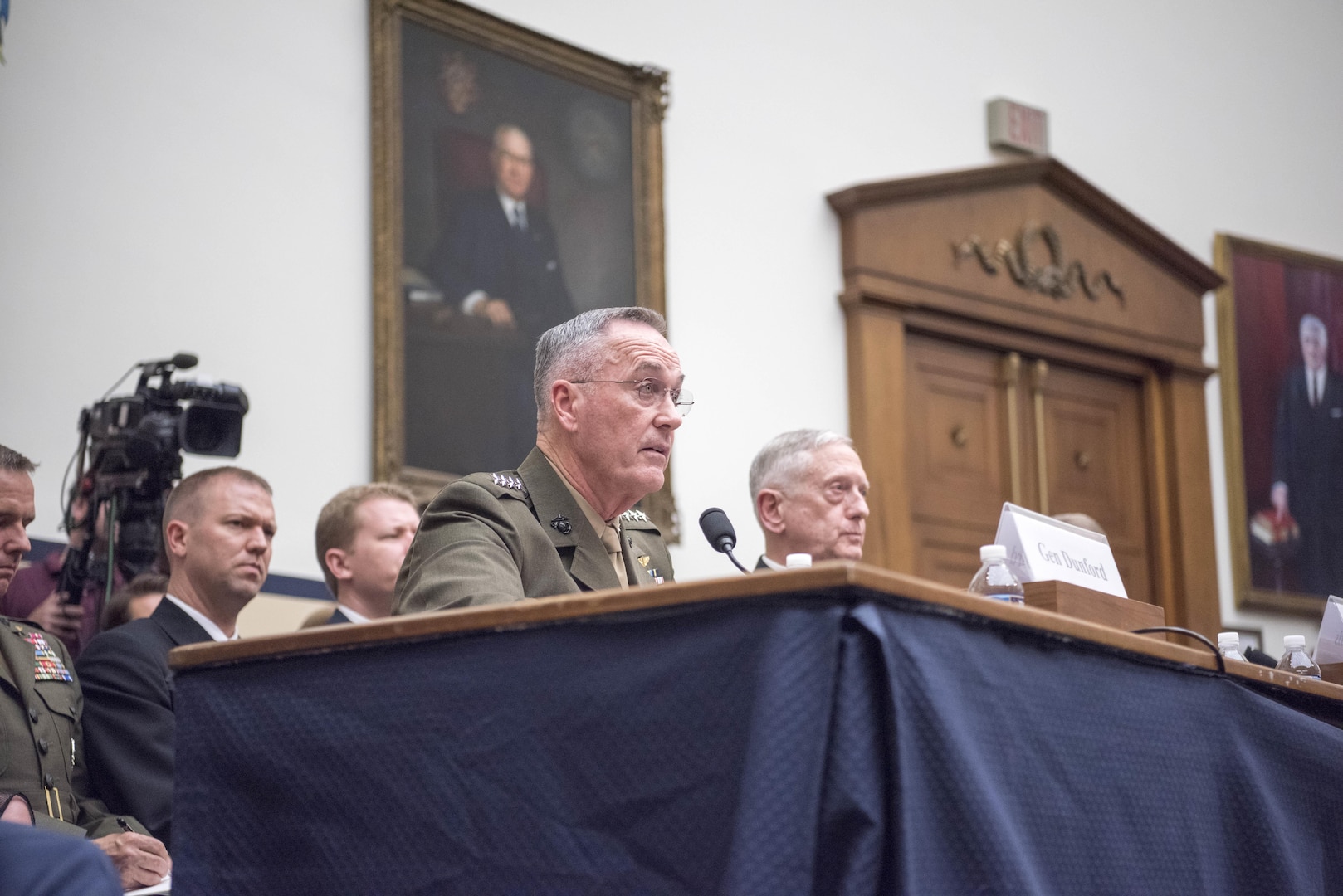 Defense Secretary James N. Mattis and Marine Corps Gen. Joseph F. Dunford Jr., chairman of the Joint Chiefs of Staff, provide testimony on the Fiscal Year 2018 National Defense Authorization Budget Request from the Department of Defense to members of the House Armed Services Committee at the Rayburn House Office Building in Washington D.C., June 12, 2017. 