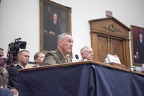 Defense Secretary James N. Mattis and Marine Corps Gen. Joseph F. Dunford Jr., chairman of the Joint Chiefs of Staff, provide testimony on the Fiscal Year 2018 National Defense Authorization Budget Request from the Department of Defense to members of the House Armed Services Committee at the Rayburn House Office Building in Washington D.C., June 12, 2017. 