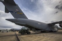 An aerial porter with the 35th Aerial Port Squadron, 514th Air Mobility Wing, directs a loader during an engine running exercise on a C-17 Globemaster III with the 305th Air Mobility Wing at the Combat Readiness Training Center at Gulfport, Miss., in support of Crisis Response '17 March 5, 2017. Close to 700 Airmen with the 514th Air Mobility Wing, the 305th Air Mobility Wing, the 87th Air Base Wing, and the 621st Contingency Response Wing are participating in the mobilization exercise Crisis Response '17. (U.S. Air Force photo by Master Sgt. Mark C. Olsen/Released)