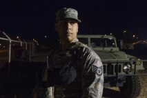 Staff Sgt. Francisco Osoria, 514th Security Forces Squadron, performs entry control point guard duty at the Combat Readiness Training Center at Gulfport, Miss., in support of Crisis Response '17 March 6, 2017. Close to 700 Air Mobility Command Airmen with the 514th Air Mobility Wing, the 305th Air Mobility Wing, the 87th Air Base Wing, and the 621st Contingency Response Wing are participating in the mobilization exercise. (U.S. Air Force photo by Master Sgt. Mark C. Olsen/Released)