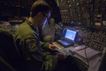 Tech. Sgt. Ricky Rivera, engineer, 76th Air Refueling Squadron, 514th Air Mobility Wing, prepares for an early morning F-22 Raptor refueling mission over the Florida coast March 7, 2017. The 514th, which is located at Joint Base McGuire-Dix-Lakehurst, N.J., is participating in the mobilization exercise Crisis Response '17 at the Combat Readiness Training Center at Gulfport, Miss. (U.S. Air Force photo by Master Sgt. Mark C. Olsen/Released)