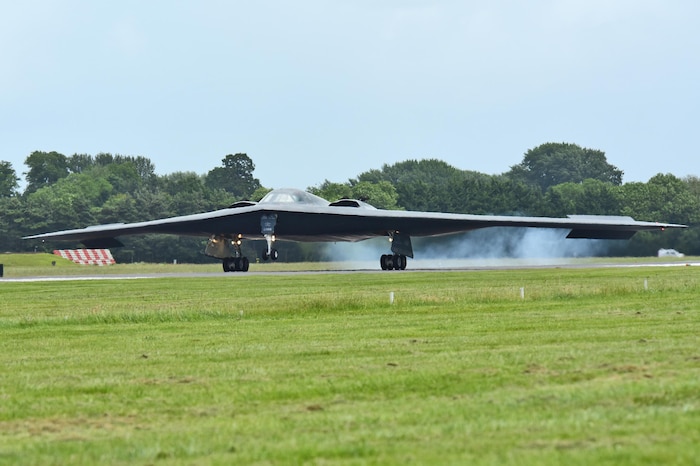 A B-2 Spirit deployed from Whiteman Air Force Base, Mo., lands on the flightline at RAF Fairford, U.K., June 9, 2017. The B-2 regularly conducts strategic bomber missions that demonstrate the credibility of the bomber forces to address a global security environment. Air Force photo by Tech. Sgt. Miguel Lara III