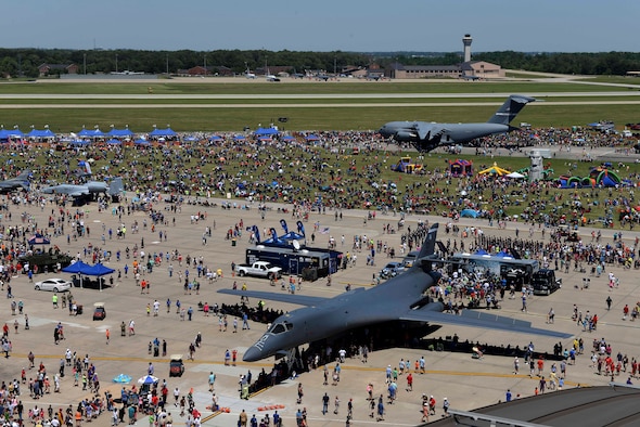 Crowds enjoy various performances and static displays during the Scott Airshow and Open House at Scott Air Force Base, Ill., June 10, 2017. The base hosted the air show and open house to celebrate the 100th year of Scott AFB.  Over 50 aircraft, ranging from WWI’s Curtiss JN-4 Jenny to the currently utilized KC-135 Stratotanker, came to Scott, the fourth oldest Air Force base. Demonstrations included the Black Daggers, “Tora, Tora, Tora,” and the USAF Thunderbirds. Opened in 1917 and previously named Scott Field, the base has seen its mission evolve and expand to encompass a multitude of priorities, including aeromedical evacuation and communications.  Today, Scott is home to 31 mission partners and provides around-the-clock logistics support and rapid global mobility, carried out primarily by U.S. Transportation Command and Air Mobility Command. (U.S. Air Force photo by Tech. Sgt. Jonathan Fowler)