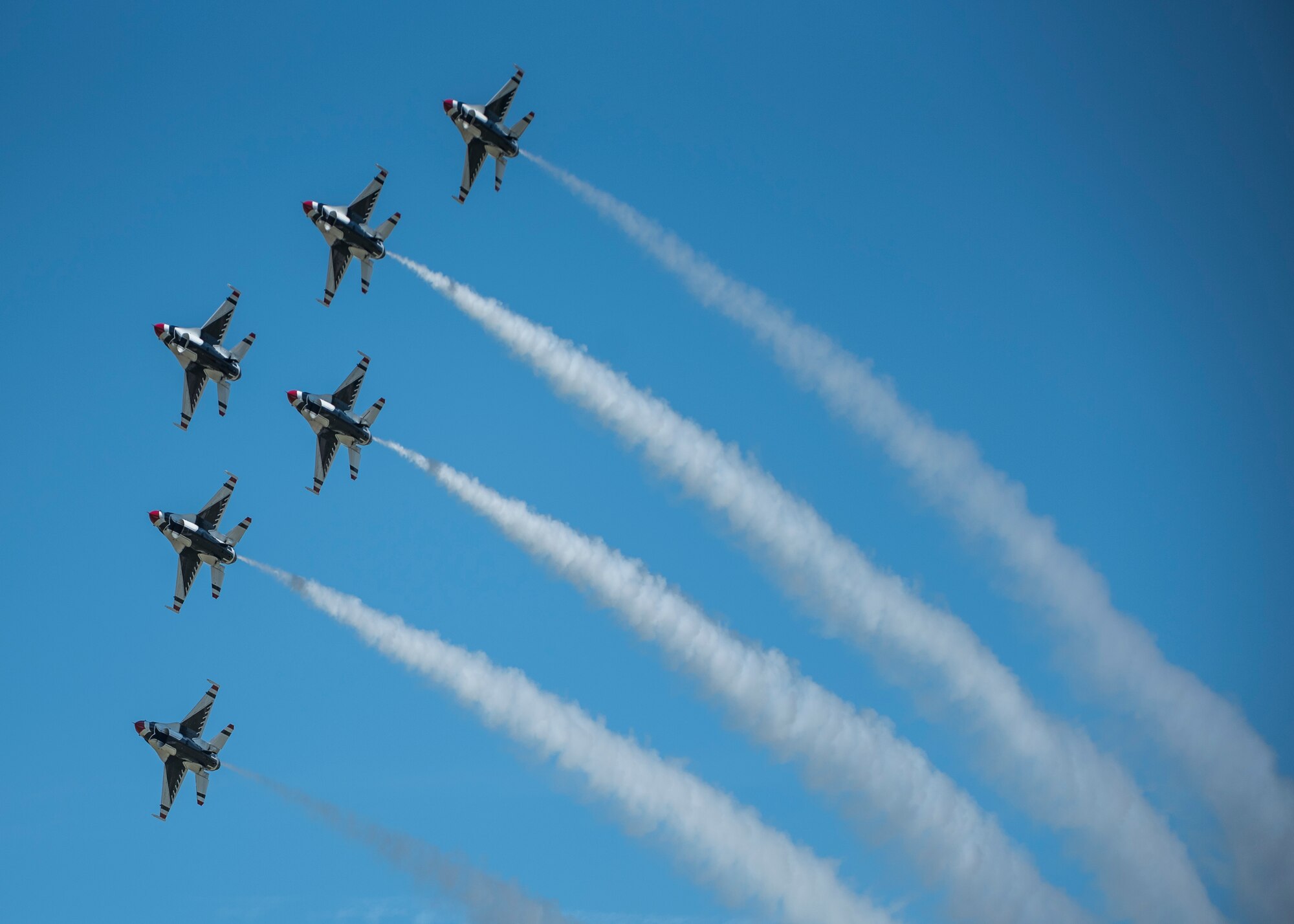 The Thunderbirds, officially known as the U.S. Air Force Air Demonstration Squadron, performs precision aerial maneuvers to demonstrate the capabilities the F-16 Fighter Falcon, the Air Force’s premier multi-role fighter jet, Scott Air Force Base, Ill., June 10, 2017.   The Thunderbirds performed their hour-long demonstration at speeds up to 600 mph and fly just a few feet of one another between wingtip to wingtip. This highly maneuverable fighter has proven to be one of the world's best precision tactical bomber and air-to-air combat aircraft.
