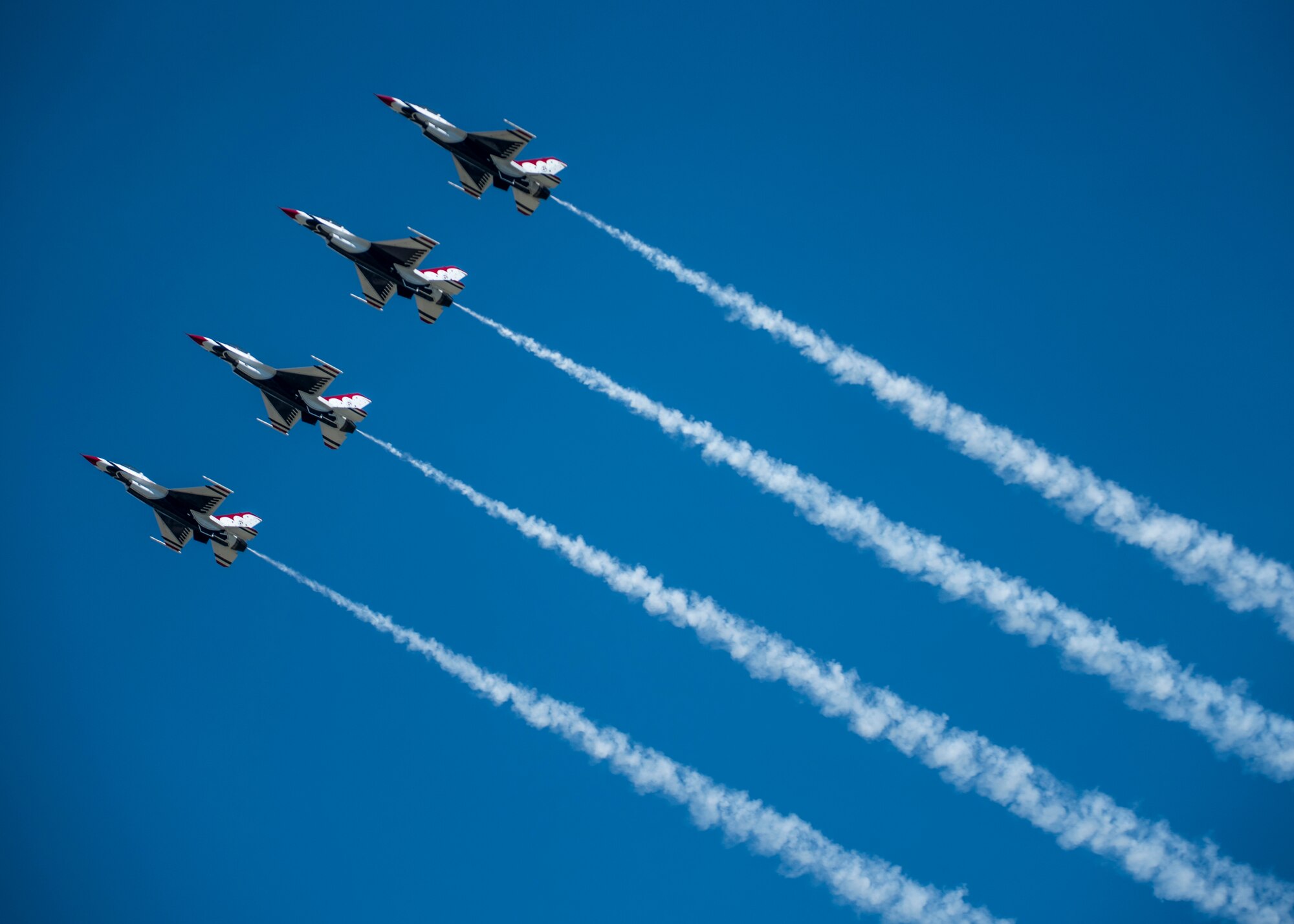 The Thunderbirds, officially known as the U.S. Air Force Air Demonstration Squadron, performs precision aerial maneuvers to demonstrate the capabilities the F-16 Fighter Falcon, the Air Force’s premier multi-role fighter jet, Scott Air Force Base, Ill., June 10, 2017.   The Thunderbirds performed their hour-long demonstration at speeds up to 600 mph and fly just a few feet of one another between wingtip to wingtip. This highly maneuverable fighter has proven to be one of the world's best precision tactical bomber and air-to-air combat aircraft.