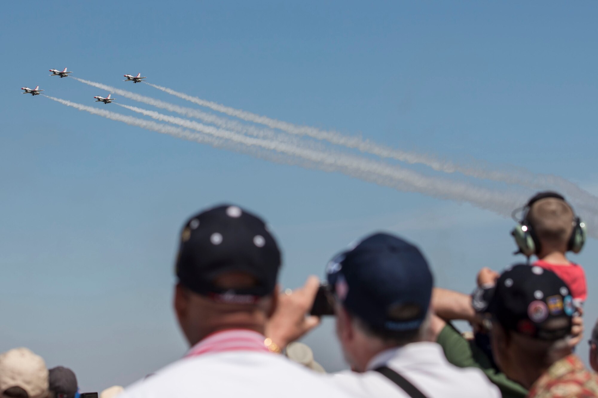 The Thunderbirds, officially known as the U.S. Air Force Air Demonstration Squadron, performs precision aerial maneuvers to demonstrate the capabilities the F-16 Fighter Falcon, the Air Force’s premier multi-role fighter jet, June 10, 2017, Scott Air Force Base, Ill. Eight highly experienced fighter pilots, four support officers, three civilians, and over 120 enlisted personnel help make it possible for the team to showcase the capabilities of this fighter jet to millions of people each year. Together, this team has ensured that a demonstration has never been cancelled due to maintenance difficulty. (U.S. Air Force photo by Senior Airman Melissa Estevez)