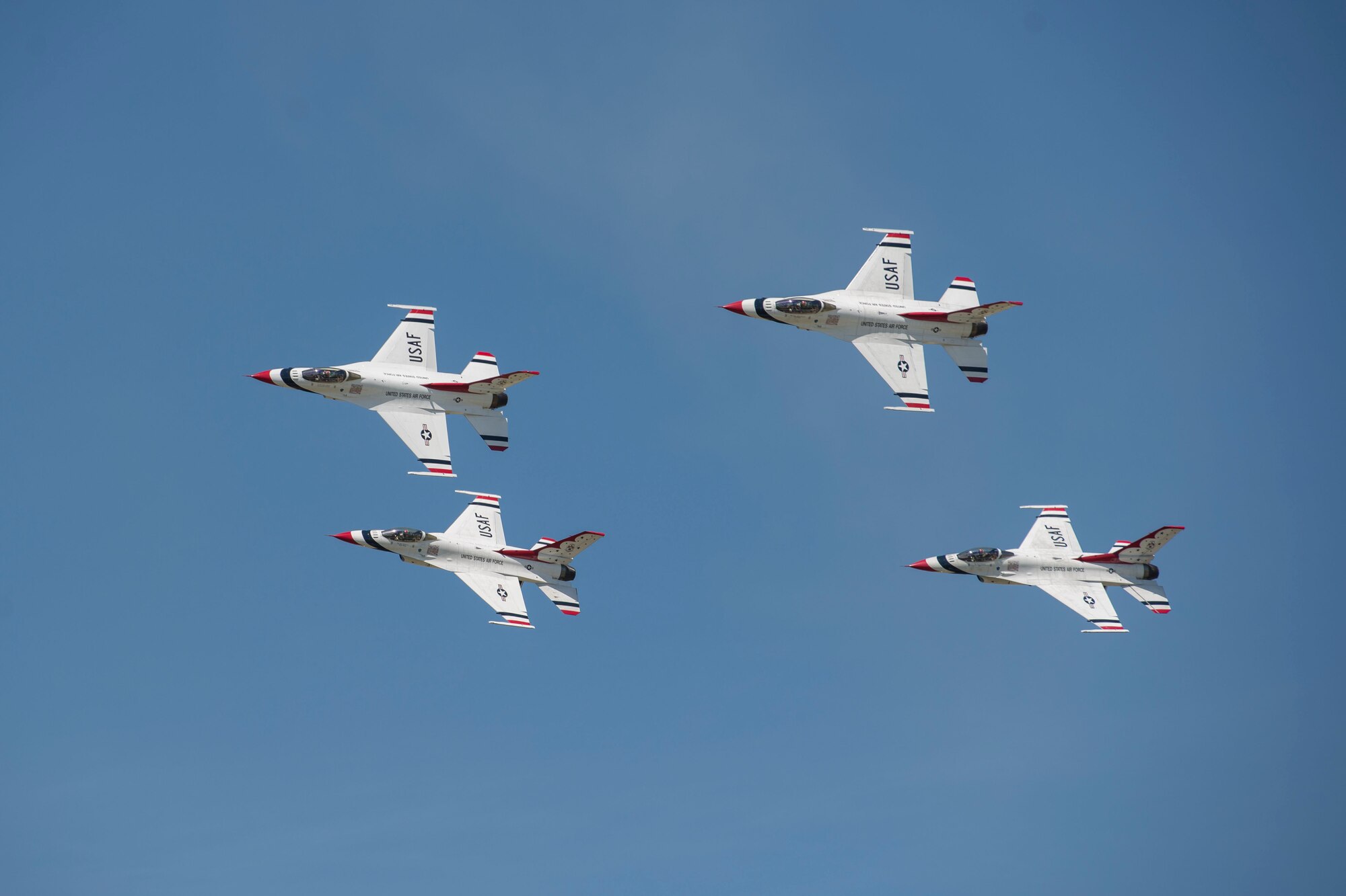 The Thunderbirds, officially known as the U.S. Air Force Air Demonstration Squadron, performs precision aerial maneuvers to demonstrate the capabilities the F-16 Fighter Falcon, the Air Force’s premier multi-role fighter jet, June 10, 2017, Scott Air Force Base, Ill. Eight highly experienced fighter pilots, four support officers, three civilians, and over 120 enlisted personnel help make it possible for the team to showcase the capabilities of this fighter jet to millions of people each year. Together, this team has ensured that a demonstration has never been cancelled due to maintenance difficulty. (U.S. Air Force photo by Senior Airman Melissa Estevez)