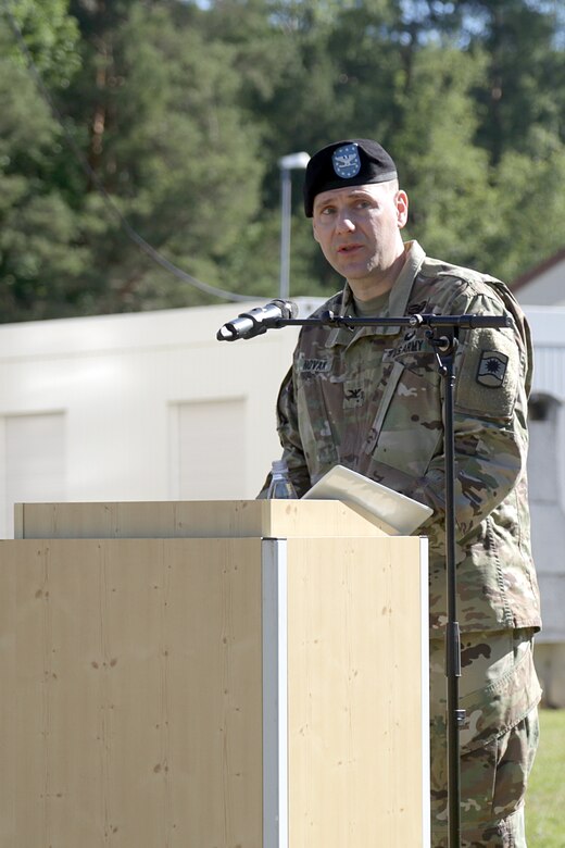 Outgoing 361st Civil Affairs Brigade Commander, Col. John T. Novak bids farewell to 361st Civil Affairs Brigade troops during the change of command ceremony Saturday, June 10, 2017 on Daenner Kaserne in Kaiserslautern, Germany. 