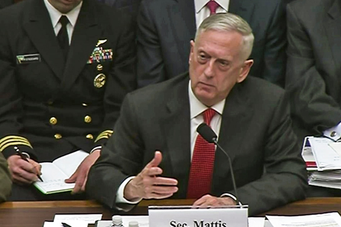 Defense Secretary Jim Mattis testifies on the fiscal 2018 defense budget request before the House Armed Services Committee in Washington, D.C., June 12, 2017. Screen shot via Defense.gov