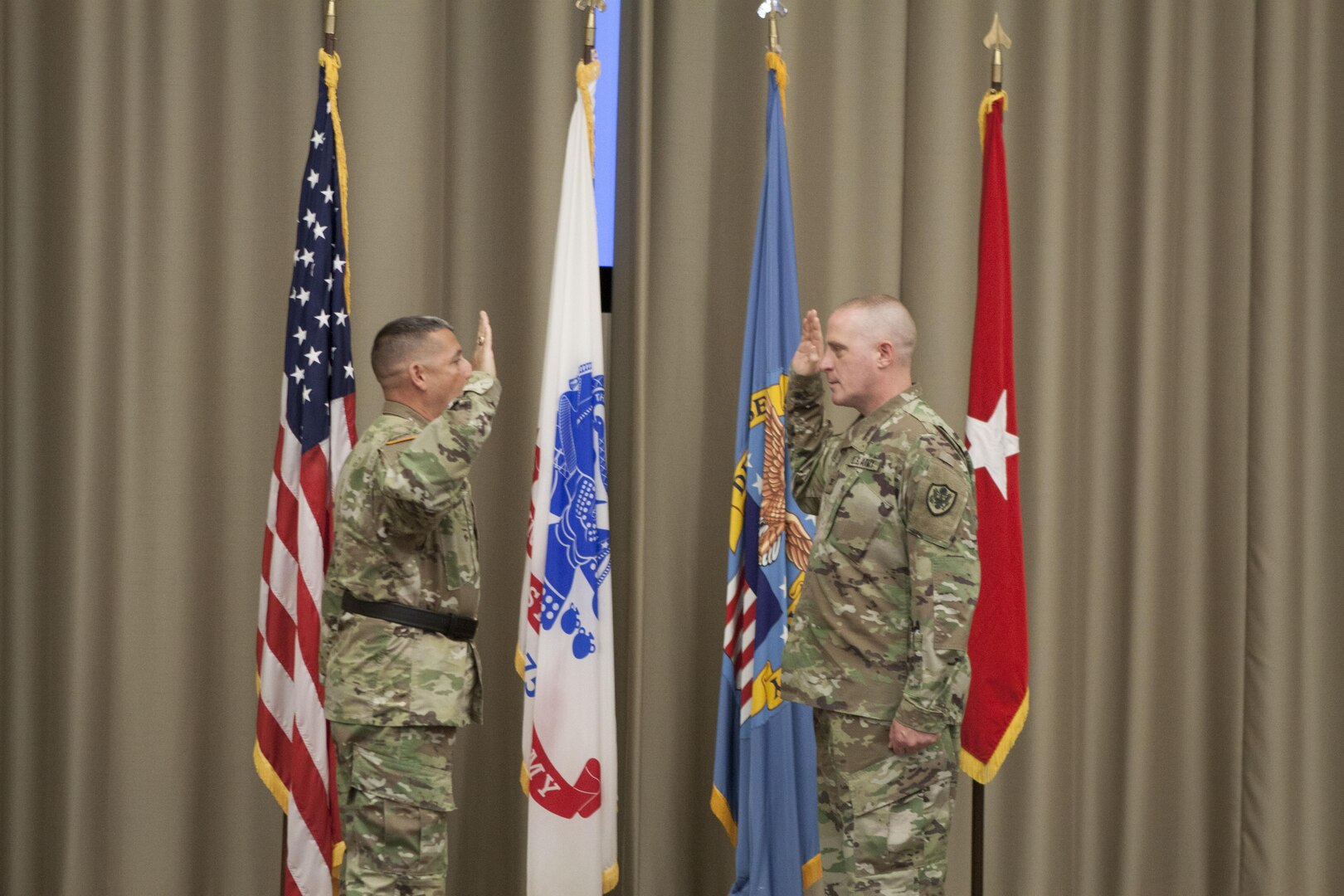 DLA Distribution’s Army Lt. Col. Roger Keen (right) was promoted to the rank of Colonel during a ceremony June 5. The ceremony was officiated by DLA Distribution commanding general Army Brig. Gen. John Laskodi (left). 