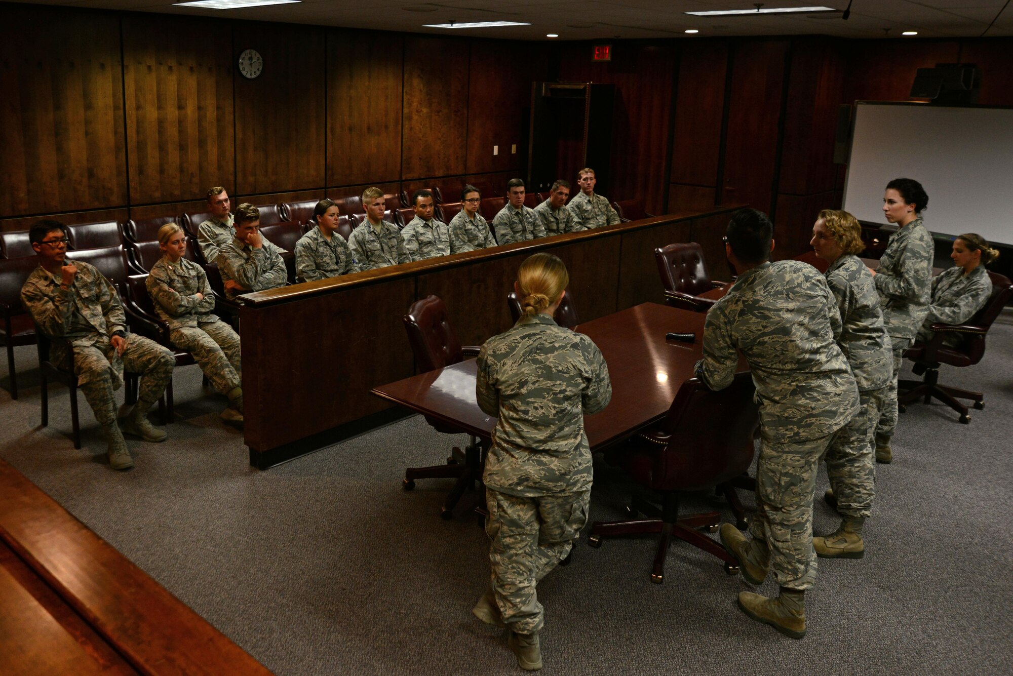 U.S. Airmen assigned to the 20th Fighter Wing legal office speak with U.S. Air Force Academy Cadets at Shaw Air Force Base, S.C., June 9, 2017. The Airmen spoke about why they decided to become legal officers and the day-to-day tasks required of them. (U.S. Air Force Airman 1st Class Kathryn R.C. Reaves)