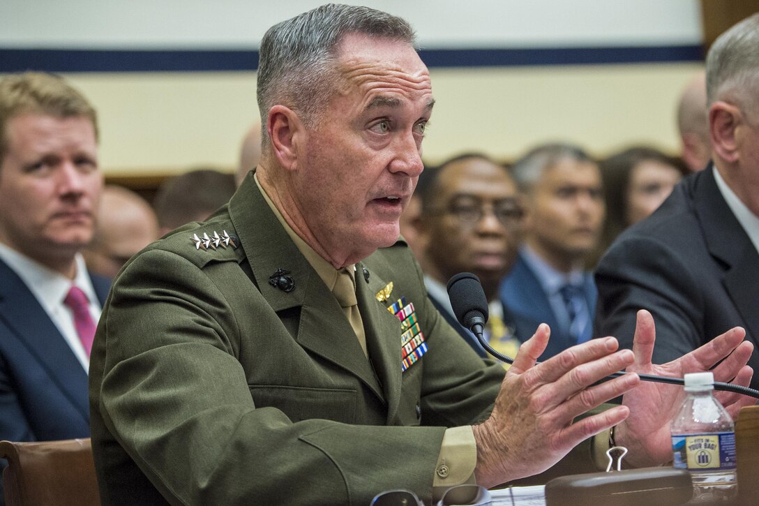 Marine Corps Gen. Joe Dunford, chairman of the Joint Chiefs of Staff, testifies on the fiscal 2018 defense budget request before the House Armed Services Committee in Washington, D.C., June 12, 2017. DoD photo by Navy Petty Officer 2nd Class Dominique A. Pineiro