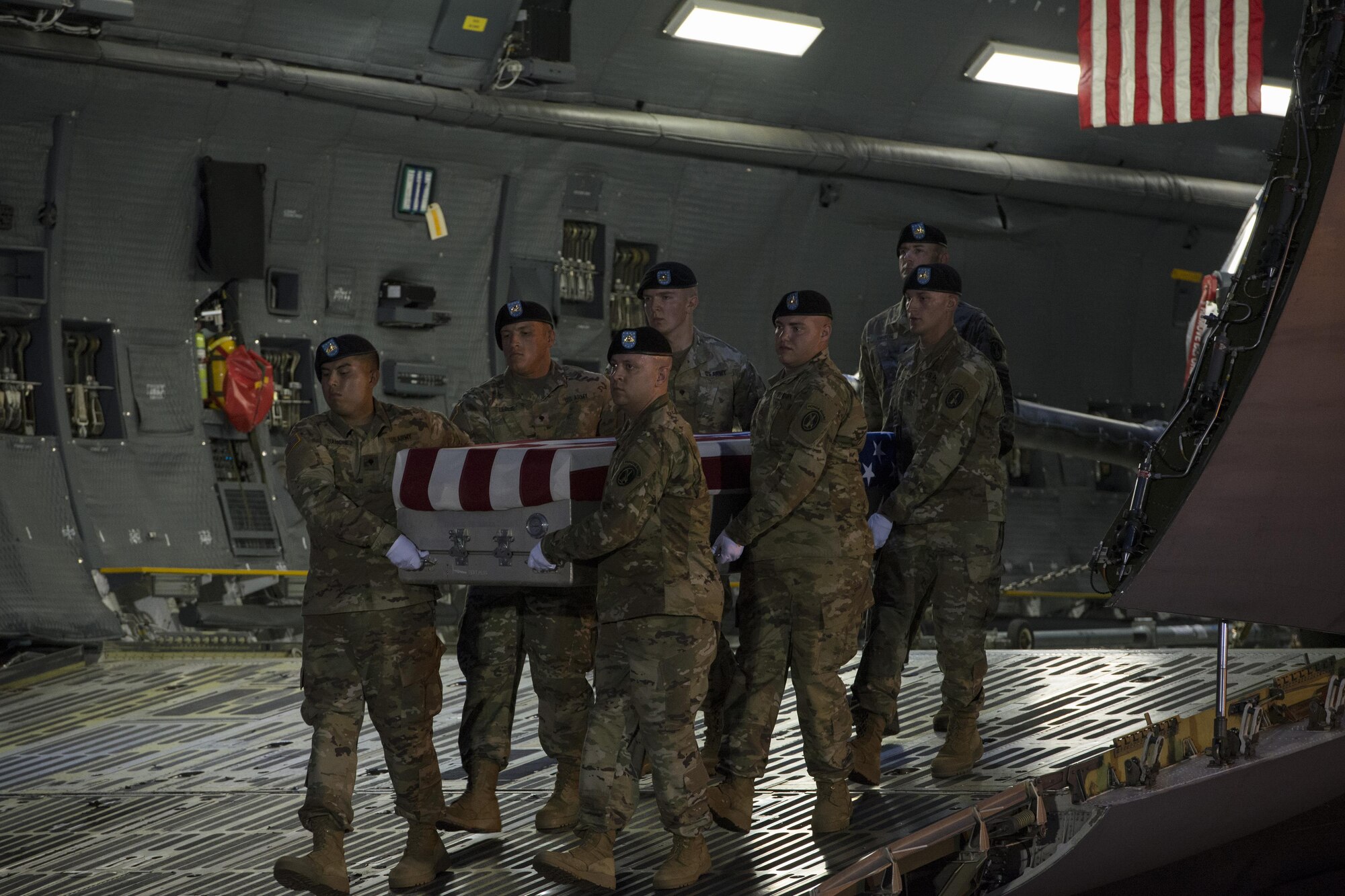 A U.S. Army carry team transfers the remains of Army Sgt. Dillon Baldridge of Youngsville, N.C., June 12, 2017, at Dover Air Force Base, Del. Baldridge was assigned to Headquarters and Headquarters Battery, 3rd Battalion, 320th Field Artillery Regiment, 101st Airborne Division and Company D, 1st Battalion, 187th Infantry Regiment, 3rd Brigade Combat Team, 101st Airborne Division, Fort Campbell, Ky. (U.S. Air Force photo by Senior Airman Aaron J. Jenne)