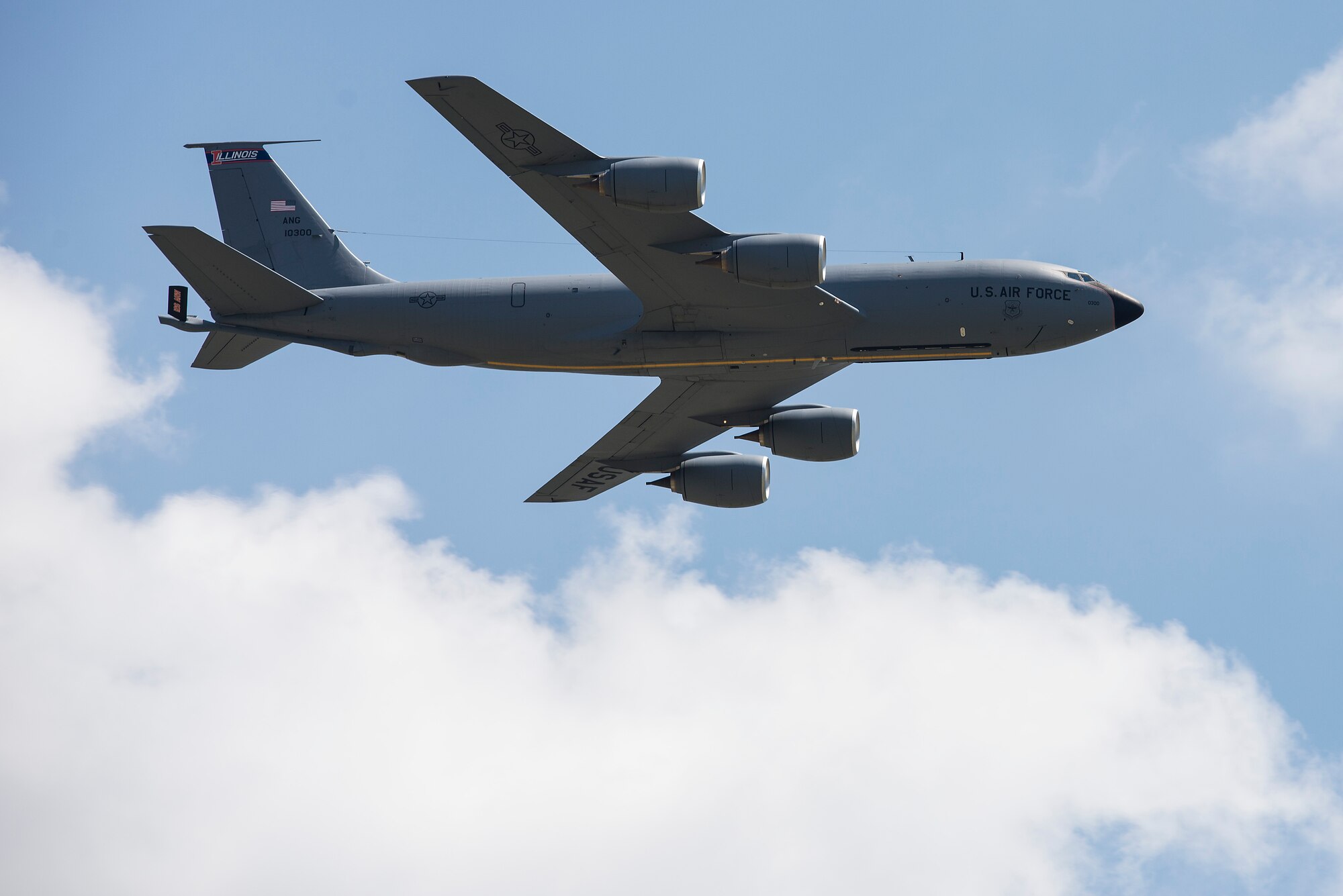 The KC-135 conducts a fly by during the 100th Centennial Celebration Air Show, June 10, 2017, at Scott Air Force Base, Ill. Through the years, the KC-135 has been altered to do other jobs ranging from flying command post missions to reconnaissance. Of the original KC-135As, more than 415 have been modified with new CFM-56 engines produced by CFM-International. The re-engined tanker, designated either the KC-135R or KC-135T, can offload 50 percent more fuel, is 25 percent more fuel efficient, costs 25 percent less to operate and is 96 percent quieter than the KC-135A. (U.S. Air Force photo by Tech. Sgt. Jonathan Fowler)