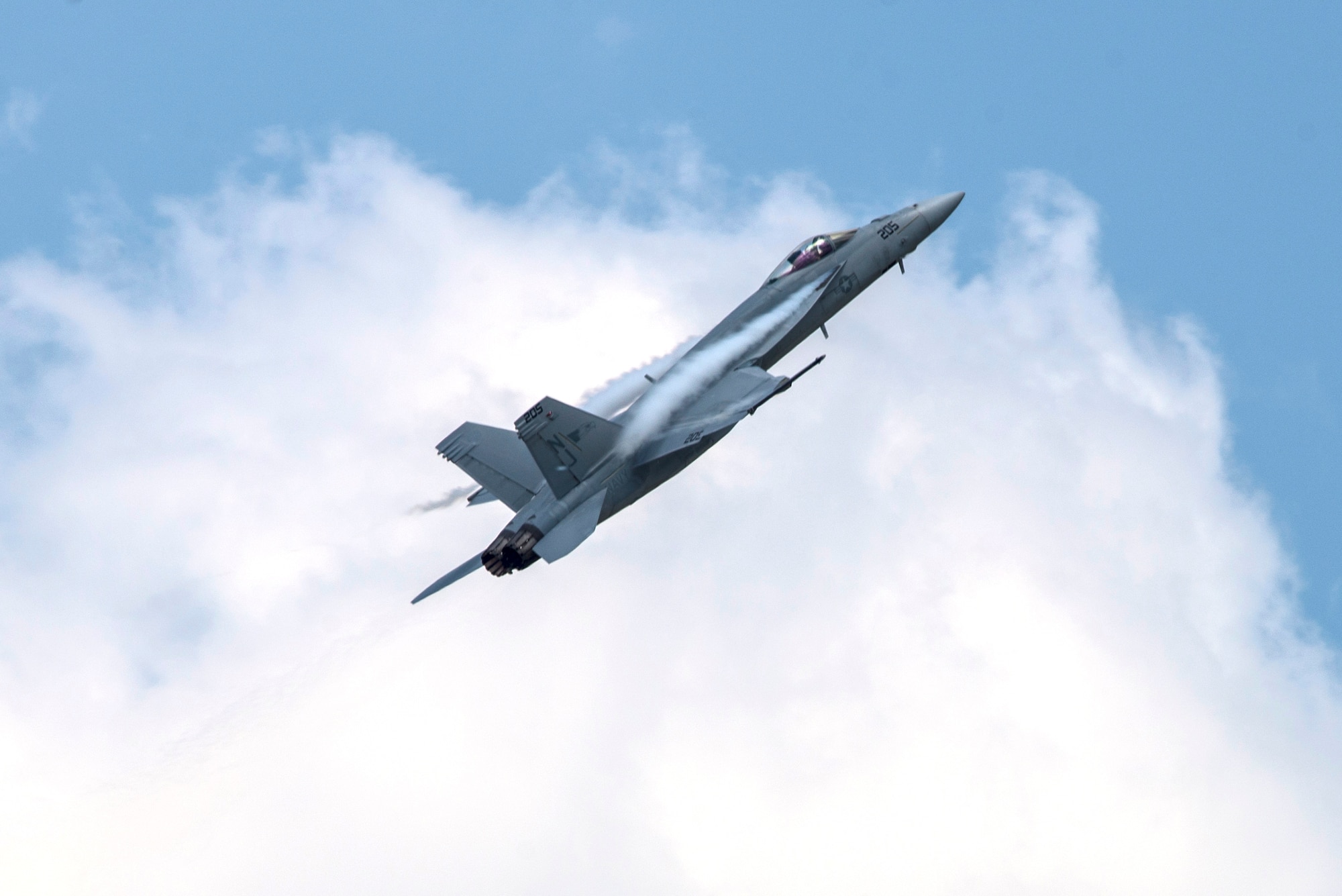 The U.S. Navy Tactical Demonstration Team executes tactical maneuvers in the F-18 Super Hornet during the 100th Centennial Celebration Air Show, June 11, 2017, at Scott Air Force Base, Ill. Boeing offers a suite of upgrades to the F/A-18 Super Hornet, including conformal fuel tanks, an enclosed weapons pod, an enhanced engine and a reduced radar signature. These capabilities, along with other advanced technologies, offer U.S. and international customers a menu of next-generation capabilities to outpace future threats affordably. (U.S. Air Force photos/ Senior Airman Tristin English)