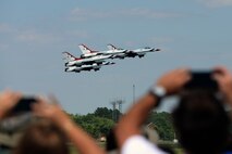 The Thunderbirds, officially known as the U.S. Air Force Air Demonstration Squadron, perform precision aerial maneuvers to demonstrate the capabilities the F-16 Fighter Falcon, the Air Force’s premier multi-role fighter jet, Scott Air Force Base, Ill., June 11, 2017.   Eight highly experienced fighter pilots, four support officers, three civilians, and over 120 enlisted personnel help make it possible for the team to showcase the capabilities of this fighter jet to millions of people each year.  Together, this team has ensured that a demonstration has never been cancelled due to maintenance difficulty. (U.S. Air Force photo by Tech. Sgt. Jonathan Fowler)