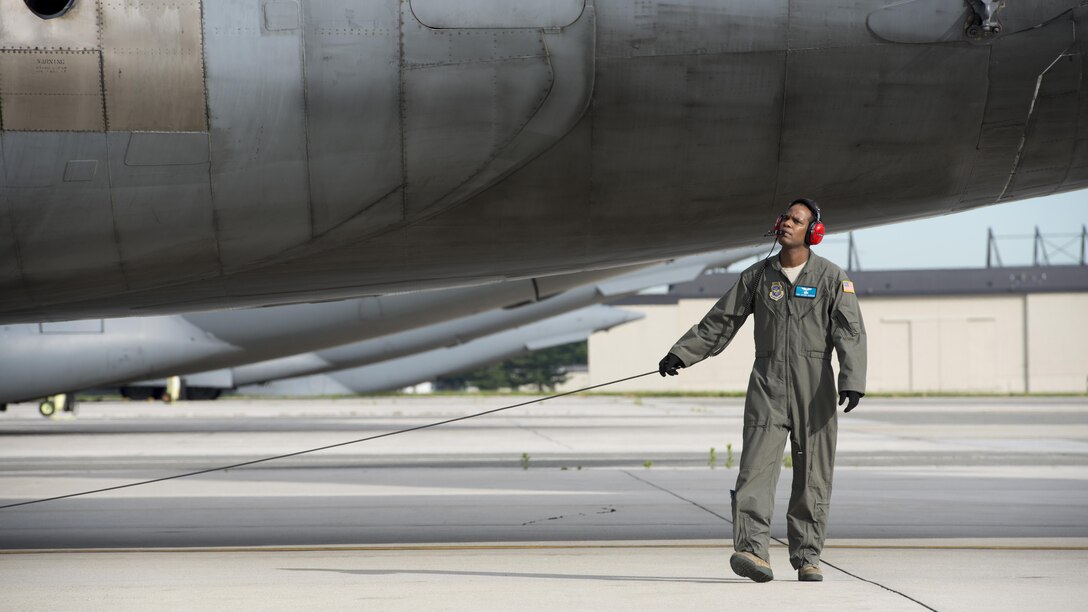 Tech. Sgt. Adrian “Action” Jackson, C-5M Formal Training Unit flight engineer instructor, conducts a scanners preflight walk-around prior to a Formal Training Unit training flight June 8, 2017, at Dover Air Force Base, Del. The FTU has trained 471 C-5M pilots and flight engineers since opening in 2012. (U.S. Air Force photo by Senior Airman Zachary Cacicia)