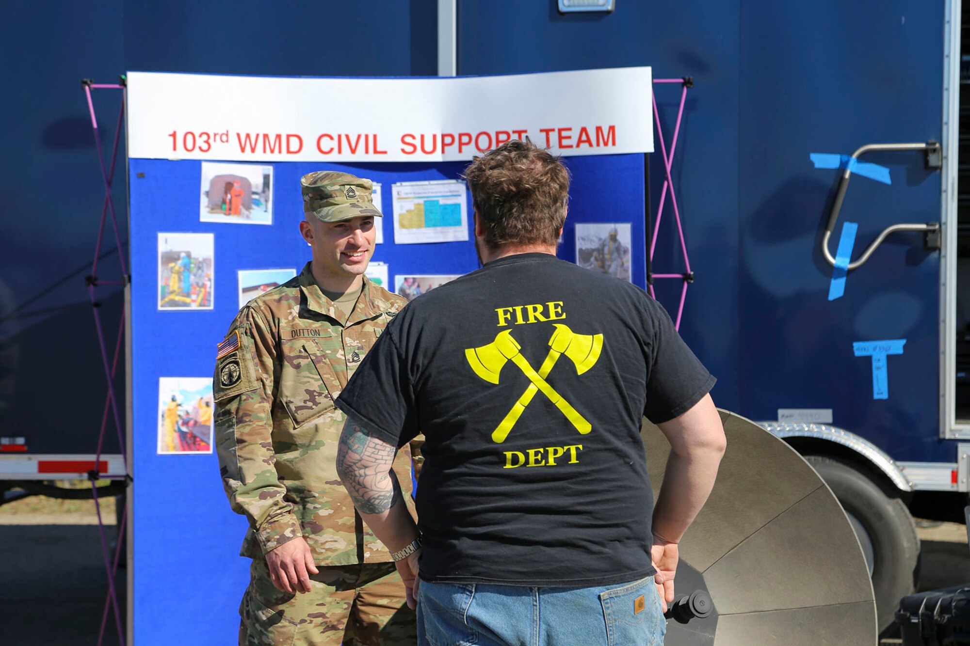 Alaska Guard Sgt. 1st Class Nicholas Dutton, communications chief for the 103rd Civil Support Team (Weapons of Mass Destruction), briefs a local resident on CST capabilities including the satellite in the dismounted strike kit at the Edward G. Pitka Sr. Airport in Galena, Alaska, May 31, 2017. More than 30 service members from the Alaska National Guard and United States Military Entrance Processing Command teamed up to provide community outreach efforts with residents of the Yukon River village. (U.S. Army National Guard photo by Staff Sgt. Balinda O’Neal Dresel)