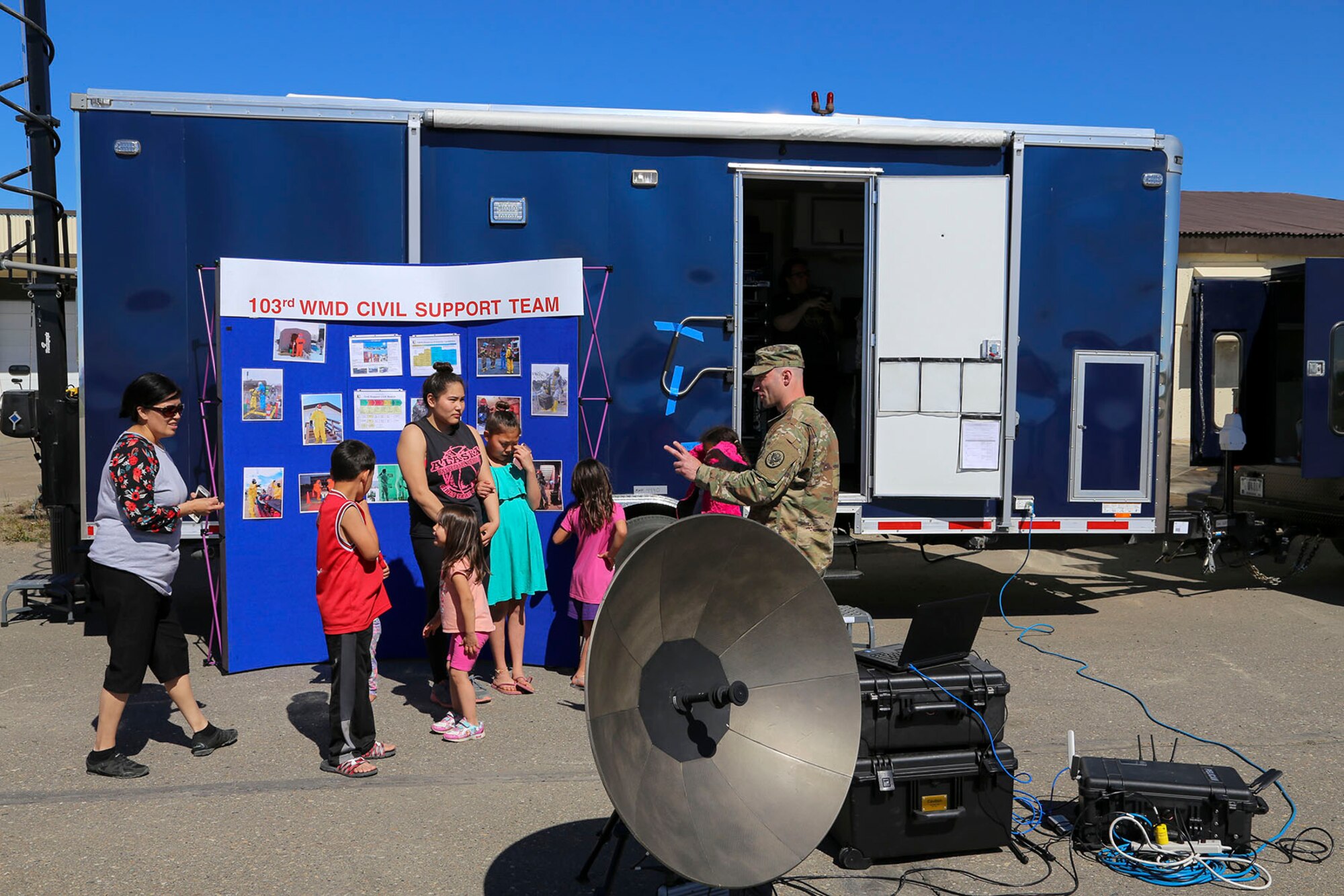 Alaska Guard Sgt. 1st Class Nicholas Dutton, communications chief for the 103rd Civil Support Team (Weapons of Mass Destruction), briefs local residents on CST capabilities including the satellite in the dismounted strike kit at the Edward G. Pitka Sr. Airport in Galena, Alaska, May 31, 2017. More than 30 service members from the Alaska National Guard and United States Military Entrance Processing Command teamed up to provide community outreach efforts with residents of the Yukon River village. (U.S. Army National Guard photo by Staff Sgt. Balinda O’Neal Dresel)