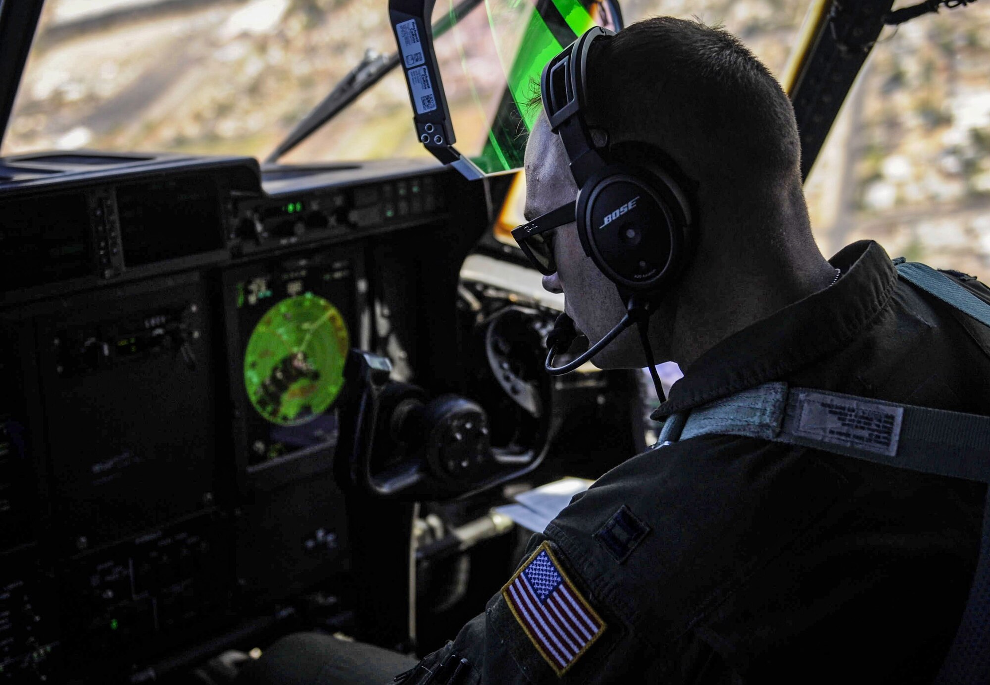 A pilot flies a C-130J Super Hercules over Las Vegas during a Weapons School Integration mission after takeoff from Nellis Air Force Base, Nev., June 2, 2017. The C-130 operates throughout the Air Force, serving with the Air Mobility Command, Air Force Special Operations Command, Air Combat Command, U.S. Air Forces in Europe, Pacific Air Forces, Air National Guard and the Air Force Reserve Command, fulfilling a wide range of operational missions in both peace and war situations. (U.S. Air Force photo by Senior Airman Kevin Tanenbaum/Released) 
