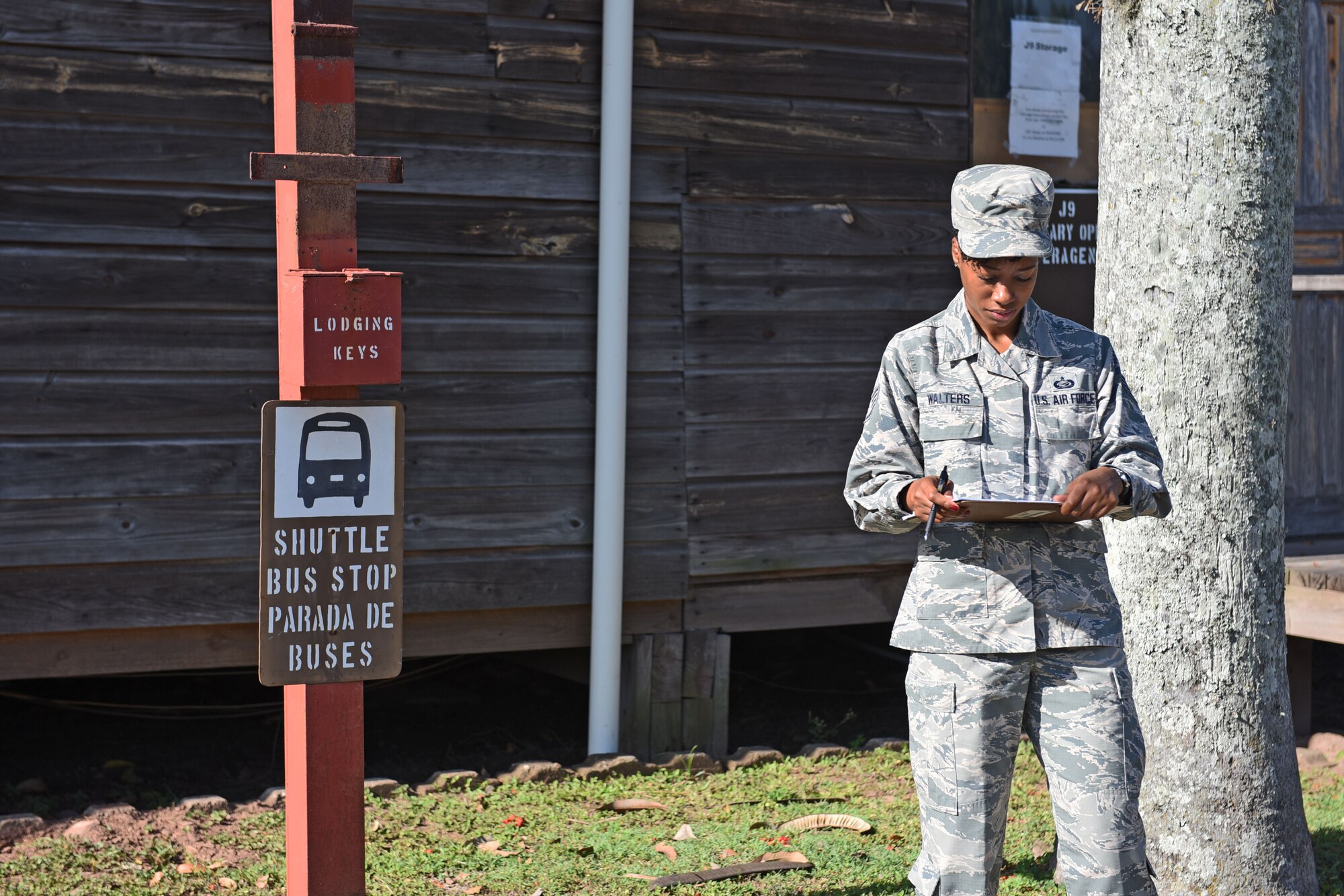 Staff Sgt. Jenerian Walters, Joint Task Force-Bravo personnel office, waits for the Soto Cano airport shuttle bus that will transport deployed personnel returning home after completing their assignment at JTF-Bravo. Staff Sgt. Walters Call to Duty as the Admin non-commissioned officer includes greeting incoming service members and seeing them go. 