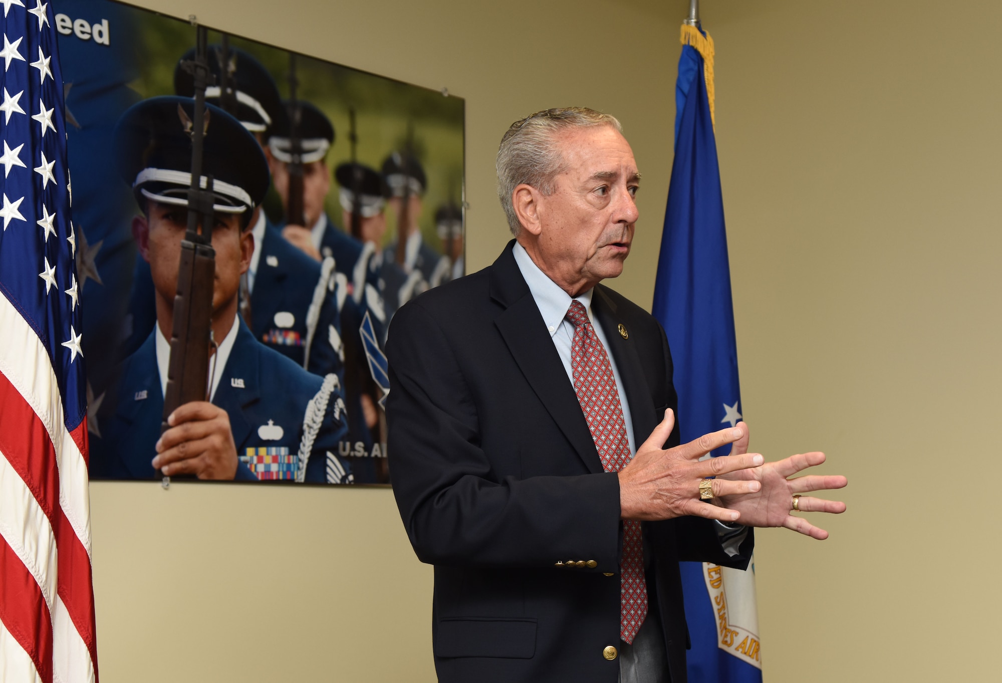 Retired Chief Master Sgt. Byron “BT” Parcenue delivers remarks during an awards presentation at Cody Hall June 8, 2017, on Keesler Air Force Base, Miss. Parcenue presented Capt. Edwin Pratt, 81st Training Wing executive officer, with the 2016 Air Education and Training Command Airfield Byron“BT” Parcenue Airfield Operations Professional of the Year Award. (U.S. Air Force photo by Kemberly Groue)