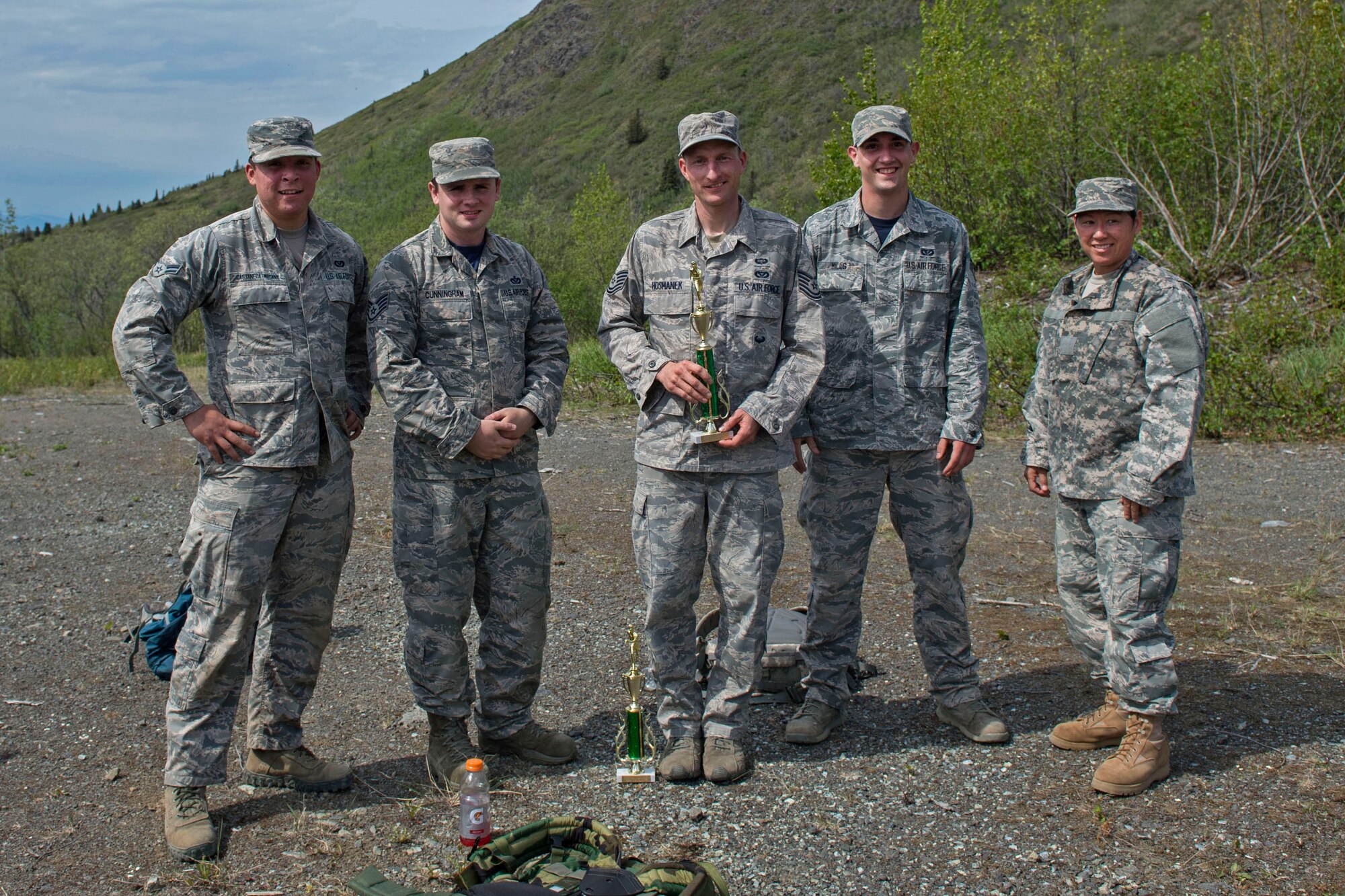 Joint Base Elmendorf-Richardson service members participate in the Combat Cross-Country Series Three-Mile Mountain Run at Arctic Valley, Alaska, June 9, 2017. Team members from 773d Civil Engineer Squadron took first place in the competition. 