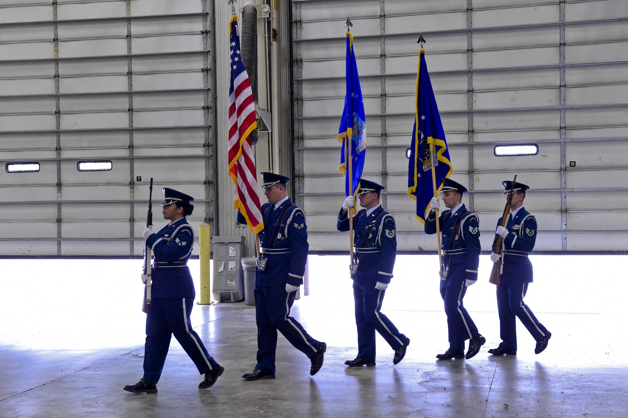 Grissom's honor guard presents colors during a change of command ceremony at Grissom Air Reserve Base, Ind., June 4, 2017. During the ceremony, Maj. Timothy Kerrigan took command of the 434th Civil Engineer Squadron. (U.S. Air Force photo/Senior Airman Cali Wetli) 